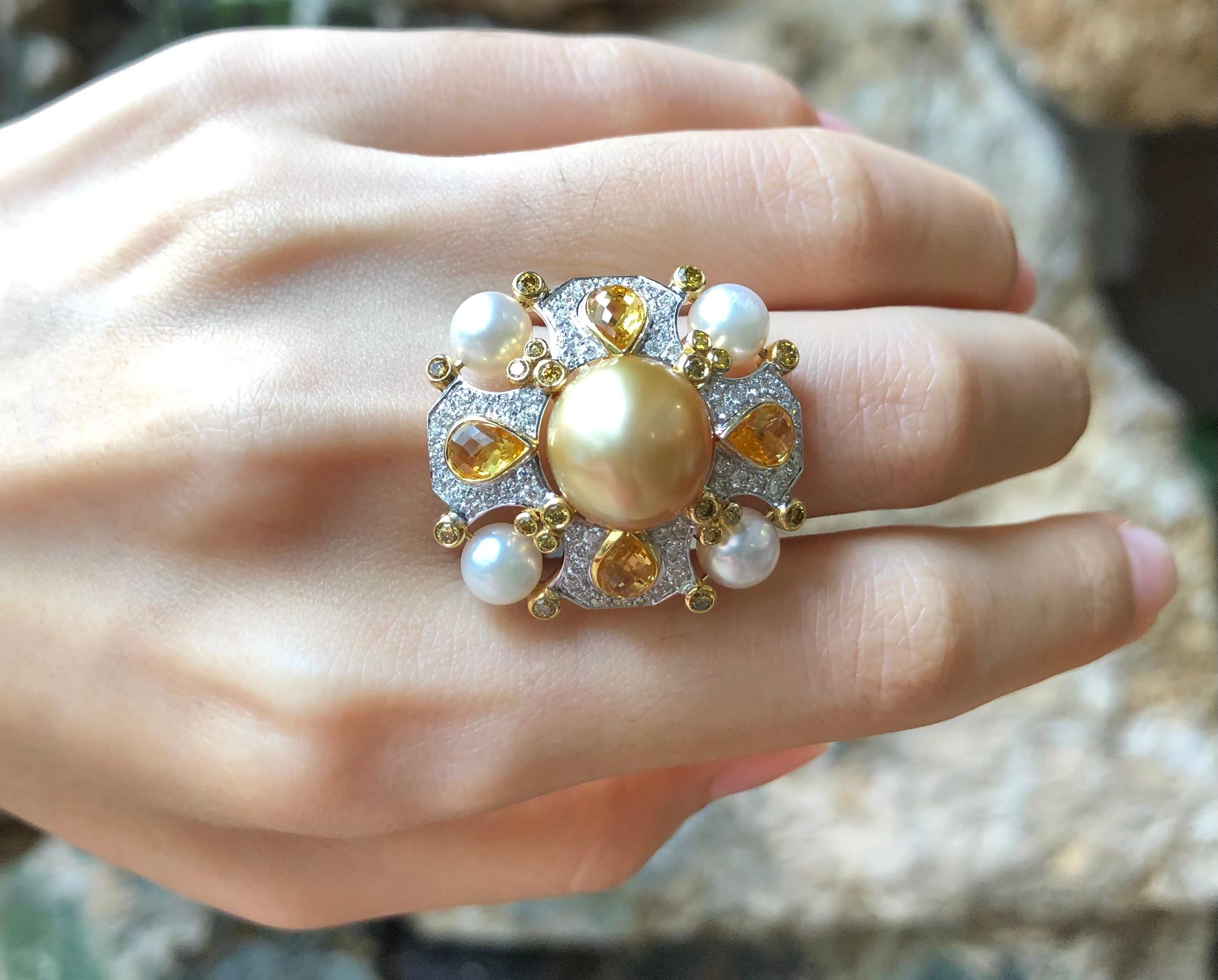 Mixed Cut Golden South Sea Pearl, Fresh Water Pearl, Yellow Sapphire Ring in 18k Gold For Sale