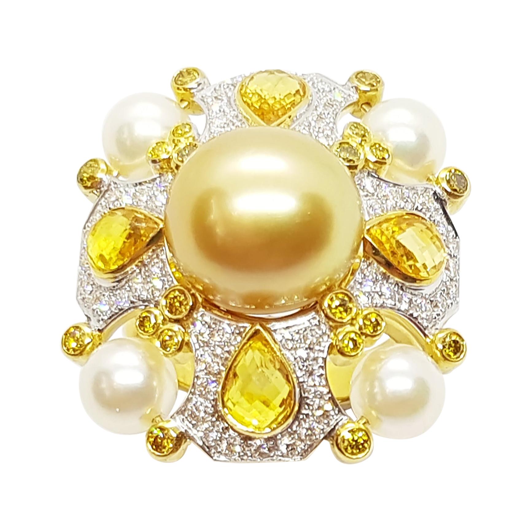 Bague en or 18 carats avec perle des mers du Sud dorée, perle d'eau douce et saphir jaune