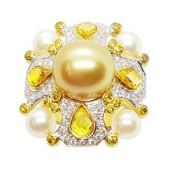 Golden South Sea Pearl, Fresh Water Pearl, Yellow Sapphire Ring in 18k Gold
