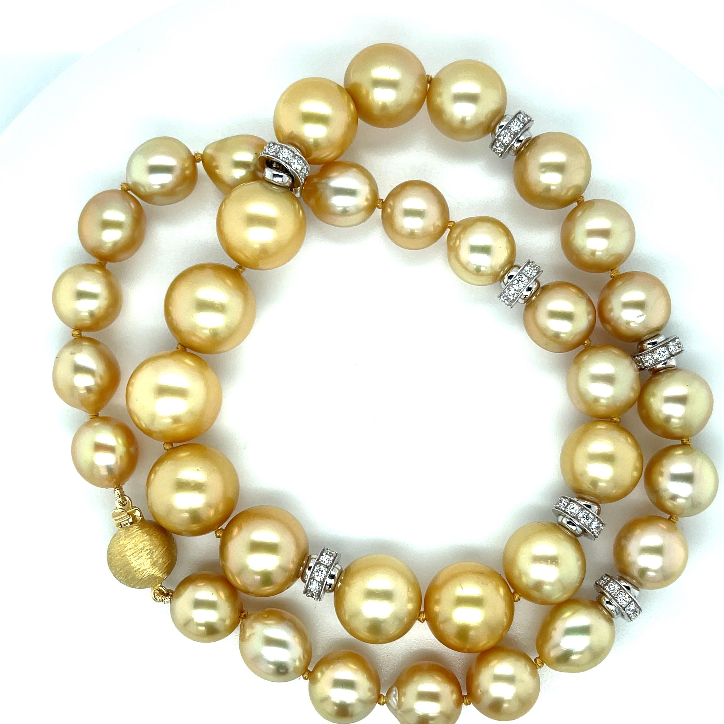 Bead Golden South Sea Pearl Necklace, 18 Inches with 14k and 18k Accents, 9.6 - 13mm For Sale