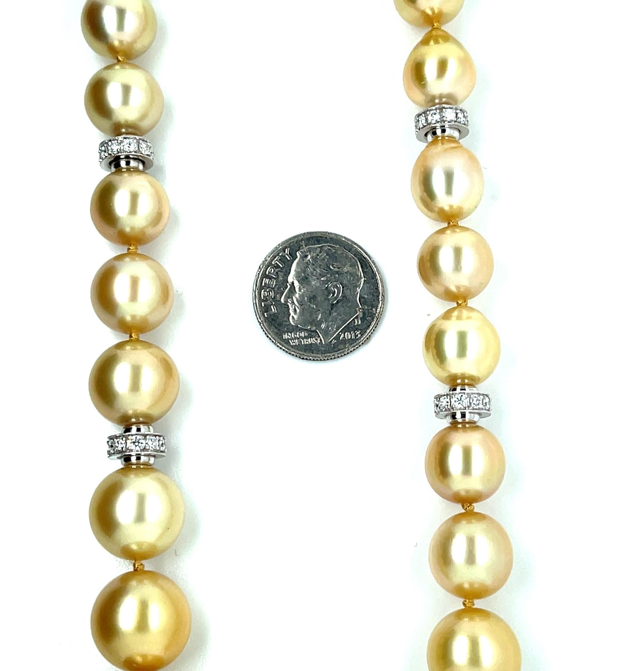 Golden South Sea Pearl Necklace, 18 Inches with 14k and 18k Accents, 9.6 - 13mm In New Condition For Sale In Los Angeles, CA