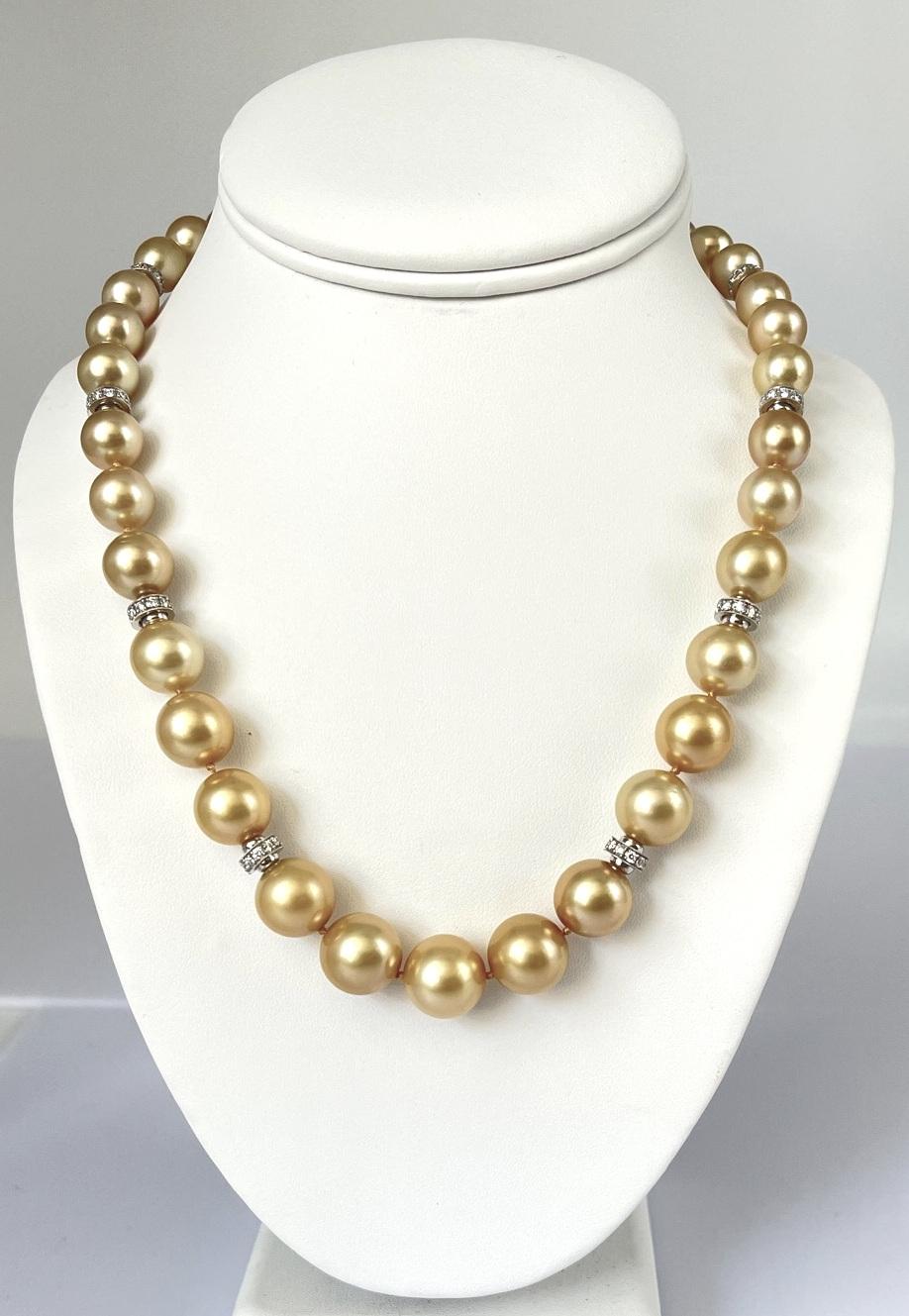 Golden South Sea Pearl Necklace, 18 Inches with 14k and 18k Accents, 9.6 - 13mm For Sale 1
