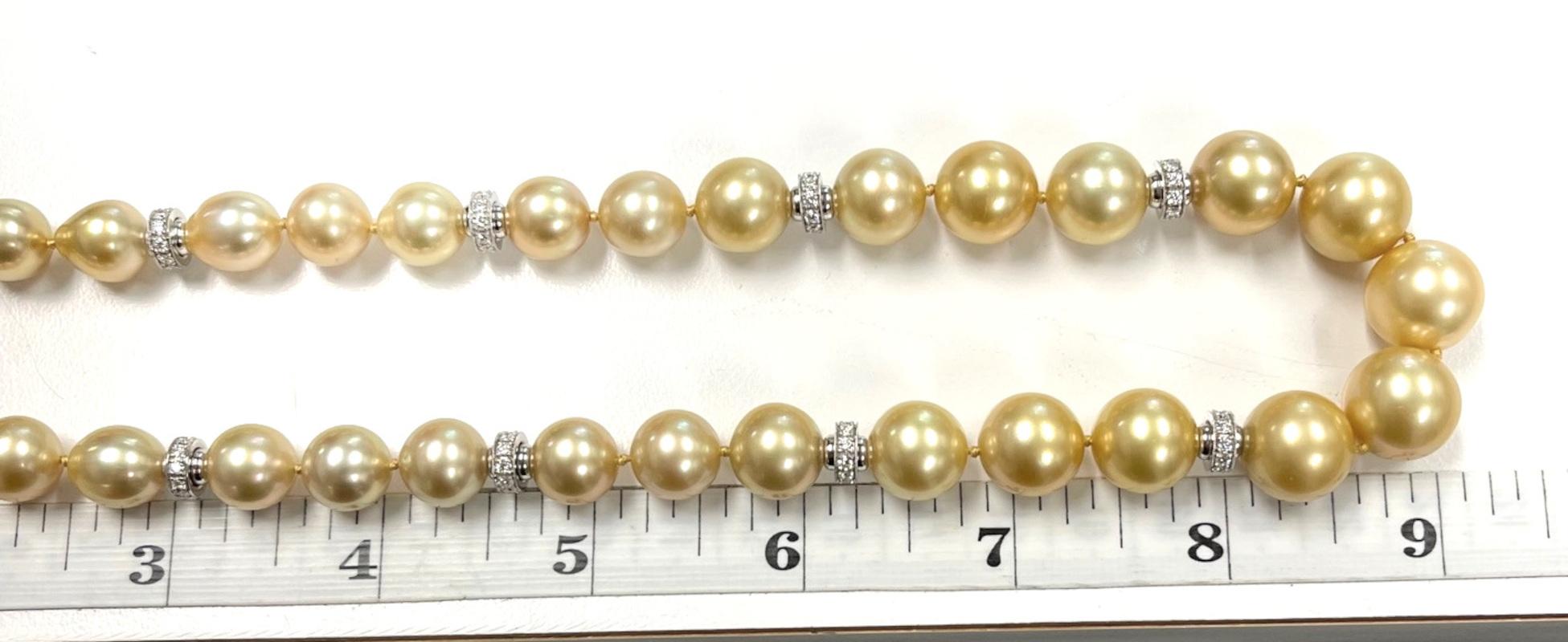 Women's or Men's Golden South Sea Pearl Necklace, 18 Inches with 14k and 18k Accents, 9.6 - 13mm For Sale