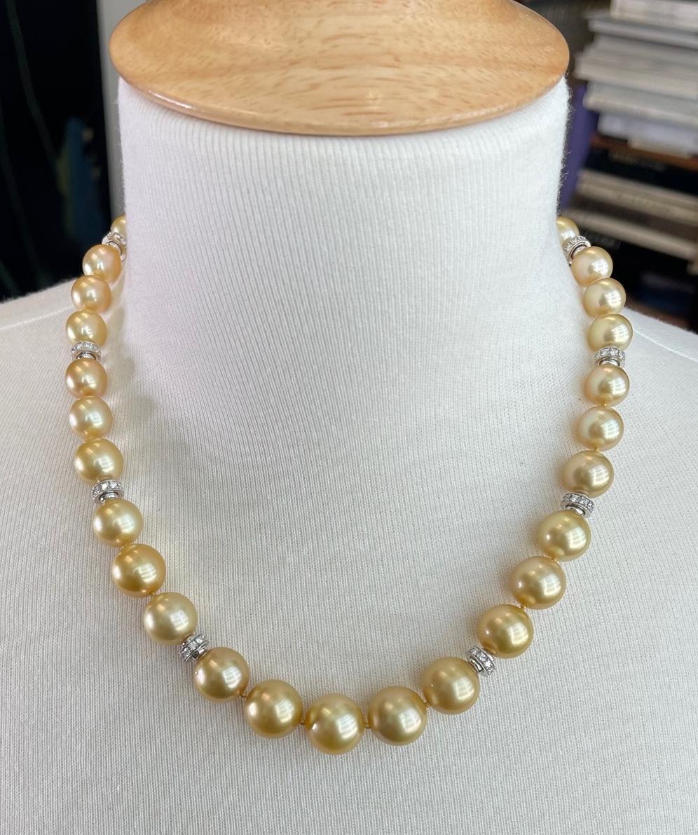 Golden South Sea Pearl Necklace, 18 Inches with 14k and 18k Accents, 9.6 - 13mm For Sale 2