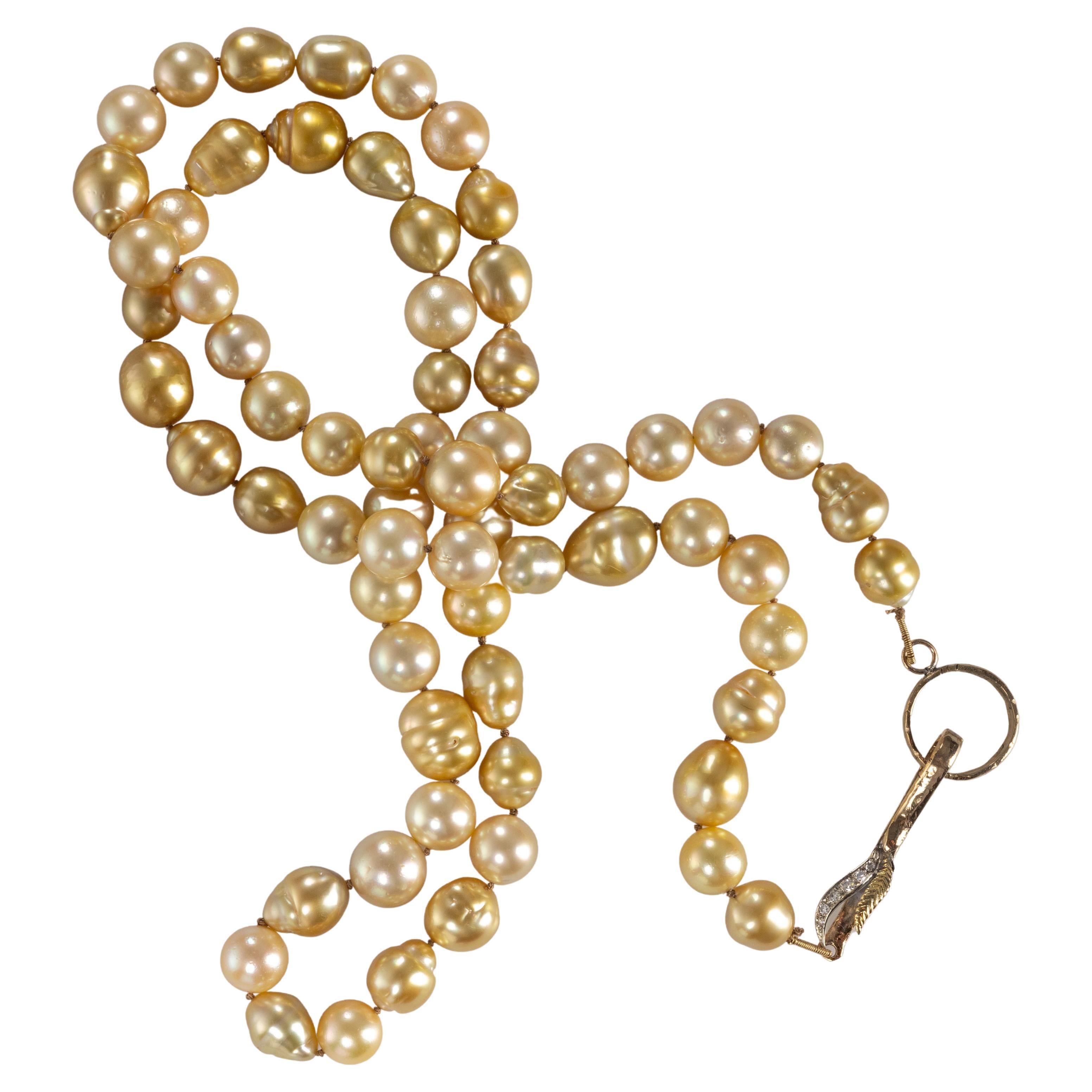 White South Sea Pearls Long Strand Necklace 14 Karat Gold Clasp For