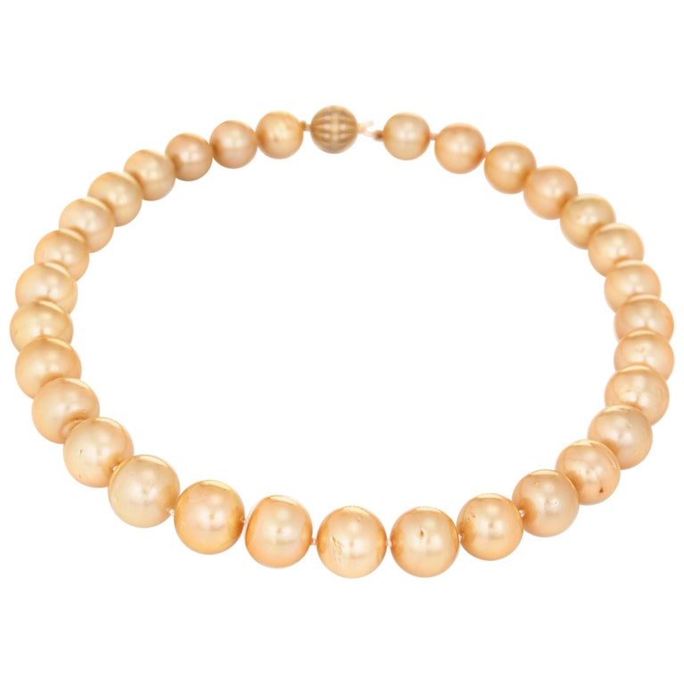 Golden South Sea Pearl Necklace Diamond Clasp 14 Karat Gold Estate For ...