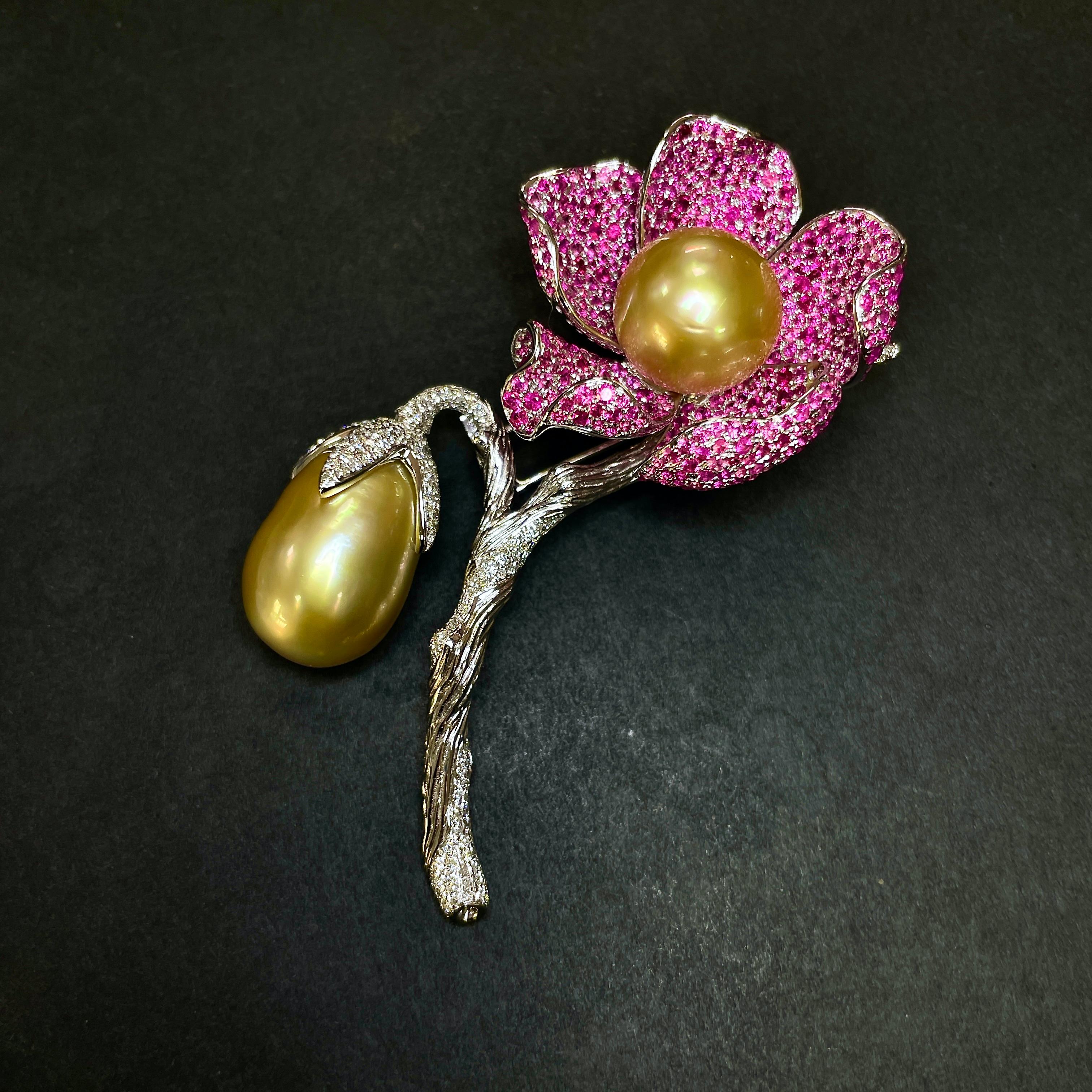 Contemporary EOSTRE South Sea Pearl, Pink Sapphire and Diamond White Gold Pendant Brooch For Sale
