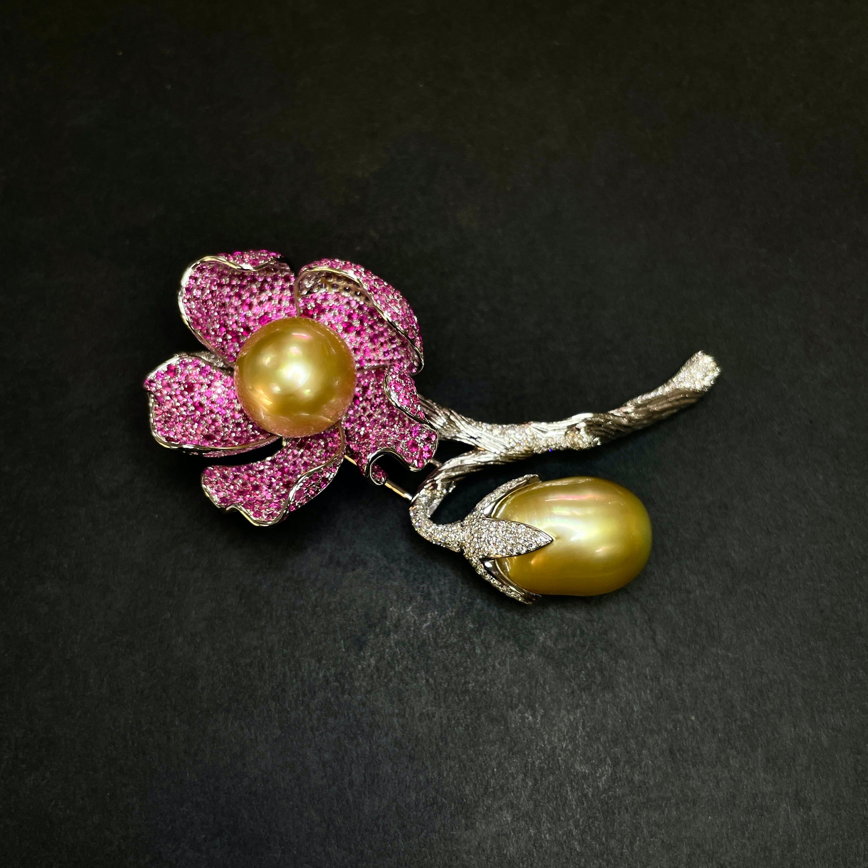 Brilliant Cut EOSTRE South Sea Pearl, Pink Sapphire and Diamond White Gold Pendant Brooch For Sale