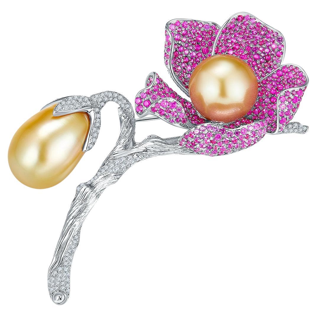 EOSTRE South Sea Pearl, Pink Sapphire and Diamond White Gold Pendant Brooch