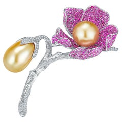 EOSTRE South Sea Pearl, Pink Sapphire and Diamond White Gold Pendant Brooch