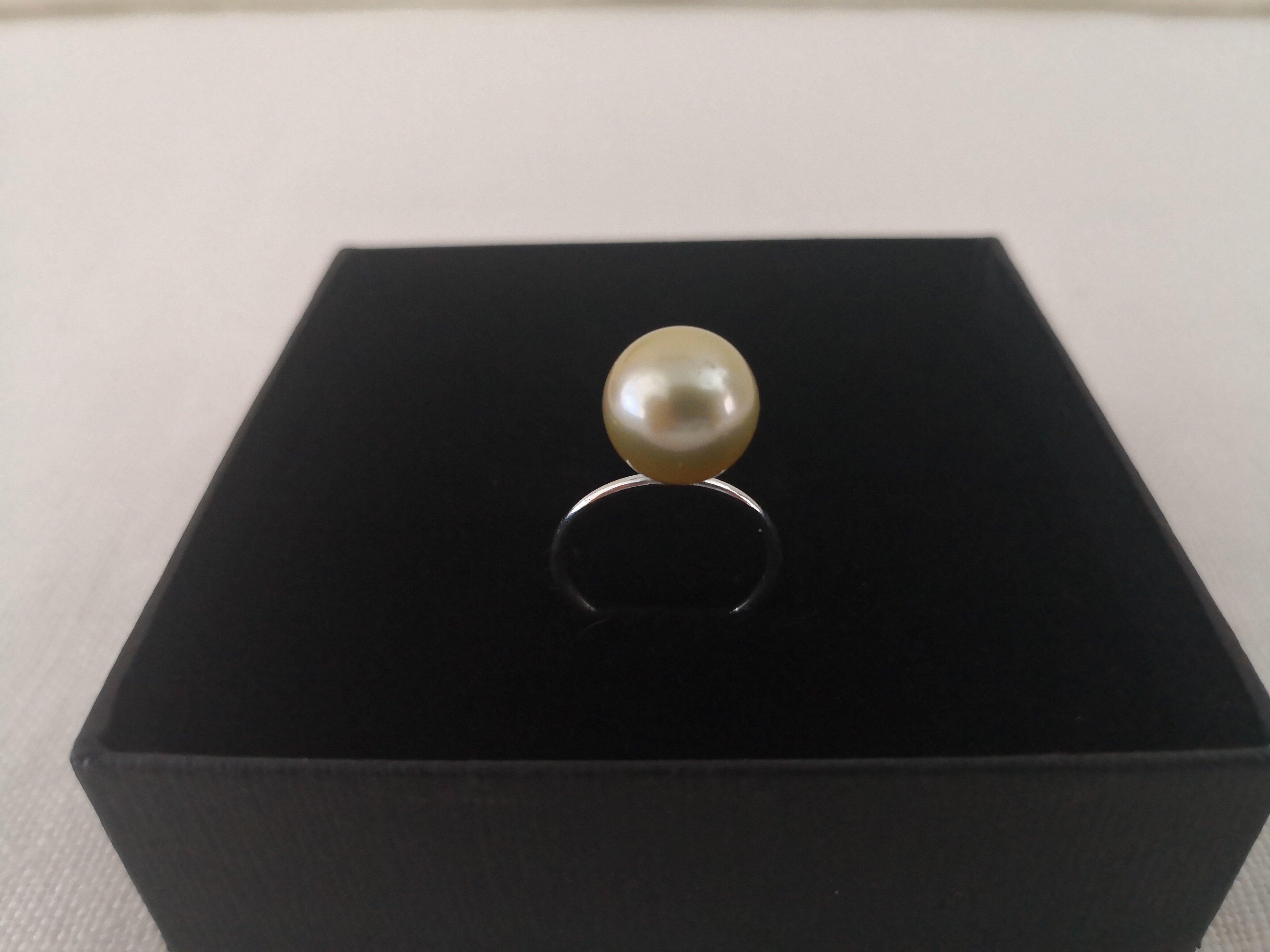 A Ring of a beautiful Golden Color South Sea Pearl and manufactured in Silver 925 mls.

- Size of Pearl 12 mm

- Shape: Round

- Origin of Pearl: Pinctada Maxima Oyster

- Area: Indonesia Ocean Waters

- Color: Pearl of Golden Natural Color

-