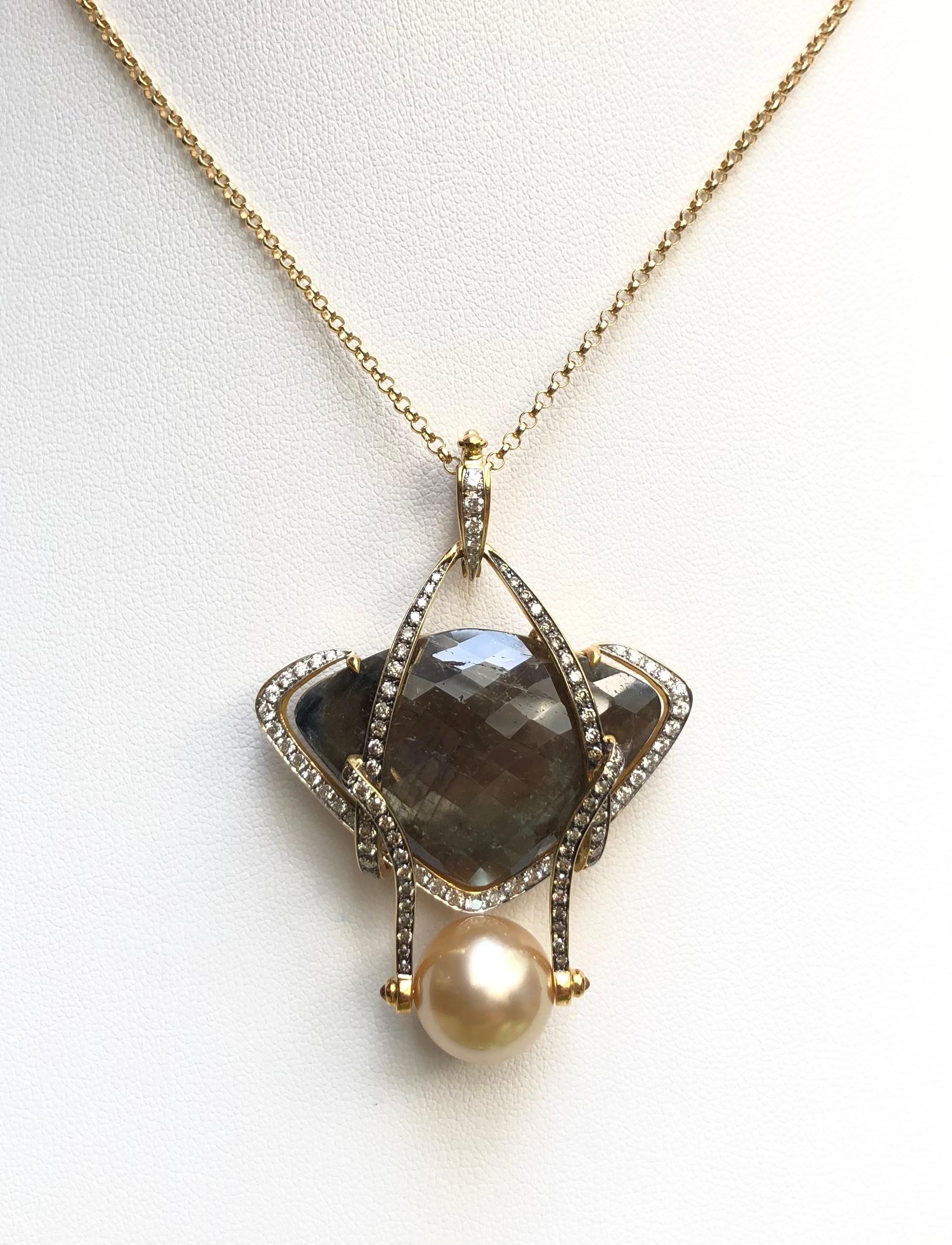 South Sea Pearl, Rough Sapphire 39.25 carats, Yellow Sapphire 0.04 carat, Brown Diamond 0.76 carat and Diamond  0.65 carat Pendant set in 18 Karat Gold Settings
(chain not included)

Width: 4.0 cm 
Length: 5.5 cm
Total Weight: 20.05 grams


