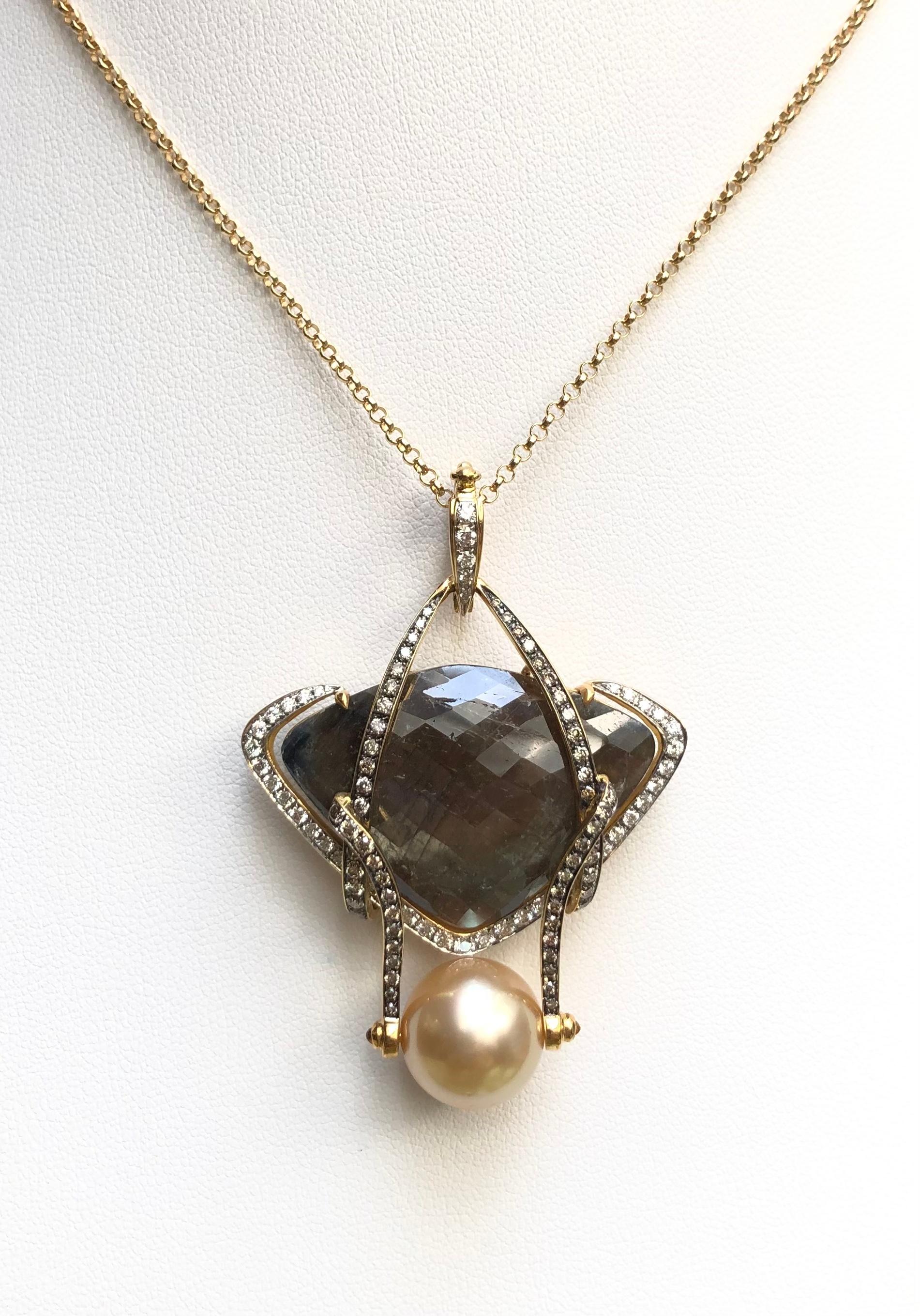 Contemporary Golden South Sea Pearl, Rough Sapphire, Yellow Sapphire Pendant Set in 18K Gold For Sale