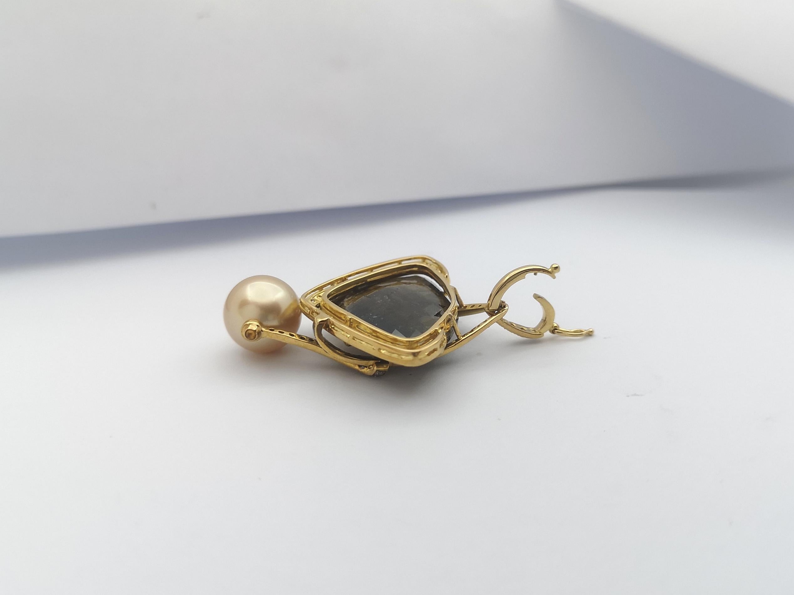 Women's Golden South Sea Pearl, Rough Sapphire, Yellow Sapphire Pendant Set in 18K Gold For Sale
