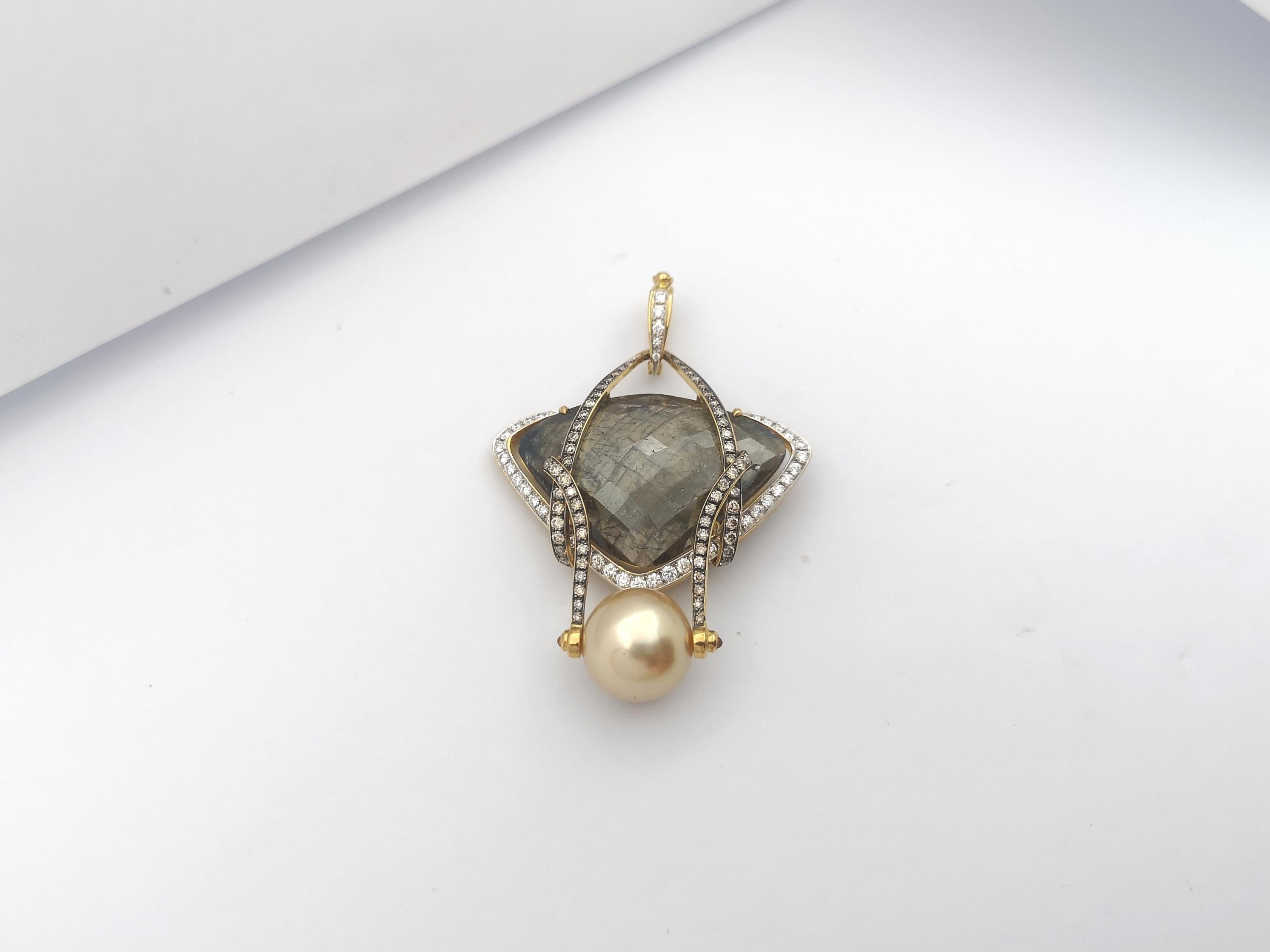 Golden South Sea Pearl, Rough Sapphire, Yellow Sapphire Pendant Set in 18K Gold For Sale 3
