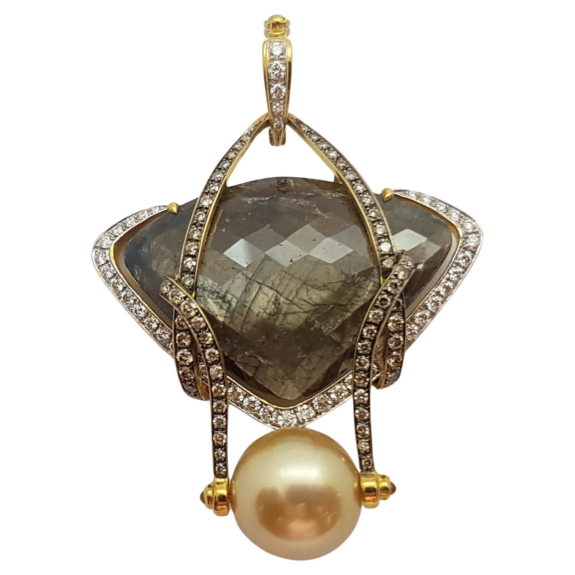 Golden South Sea Pearl, Rough Sapphire, Yellow Sapphire Pendant Set in 18K Gold For Sale