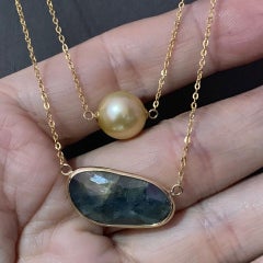 Golden South Sea Pearl Sapphire Necklace 14 Karat Gold Certified