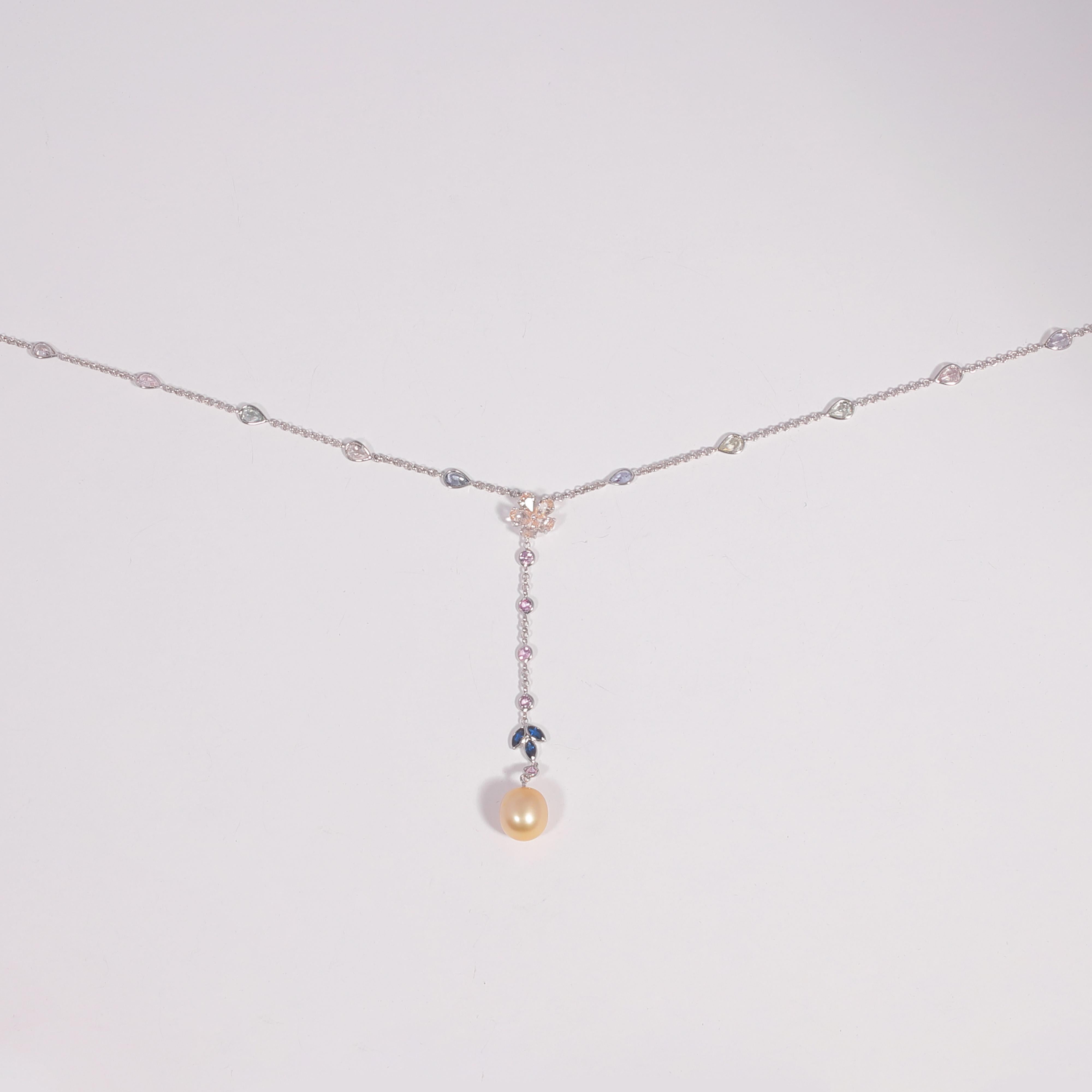 Round Cut Golden South Sea Pearl Sapphire Necklace