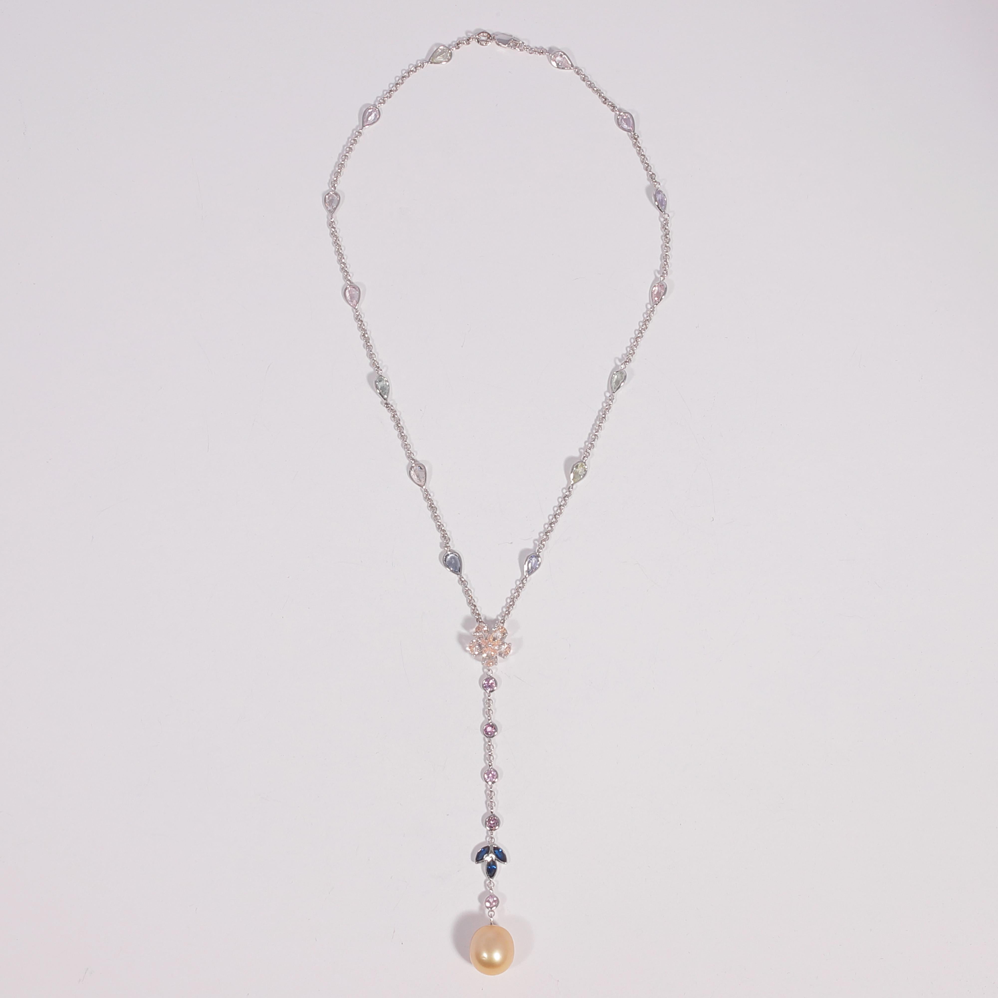 Golden South Sea Pearl Sapphire Necklace In Good Condition In Dallas, TX