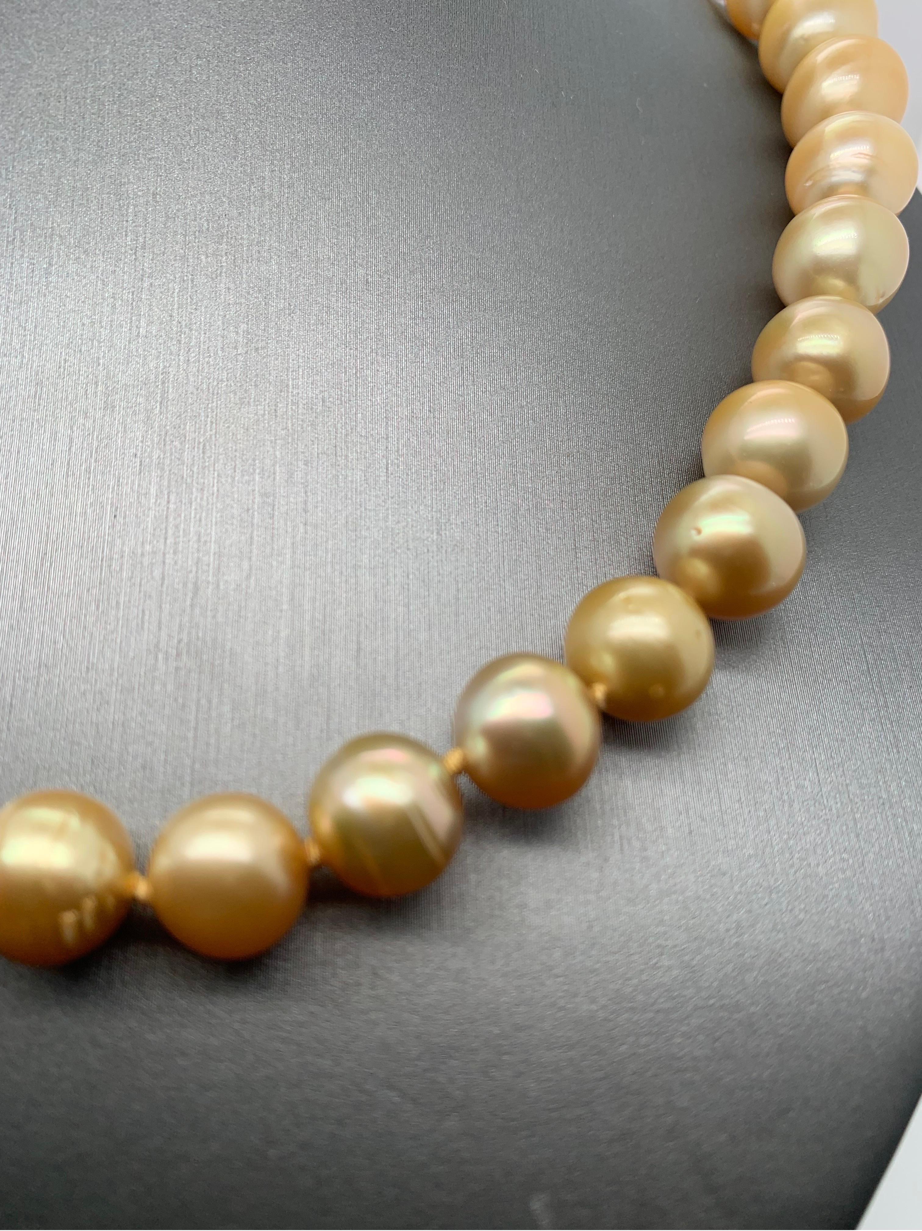 Golden South Sea Pearl Strand Necklace with 14k Yellow Gold Clasp In New Condition For Sale In Trumbull, CT