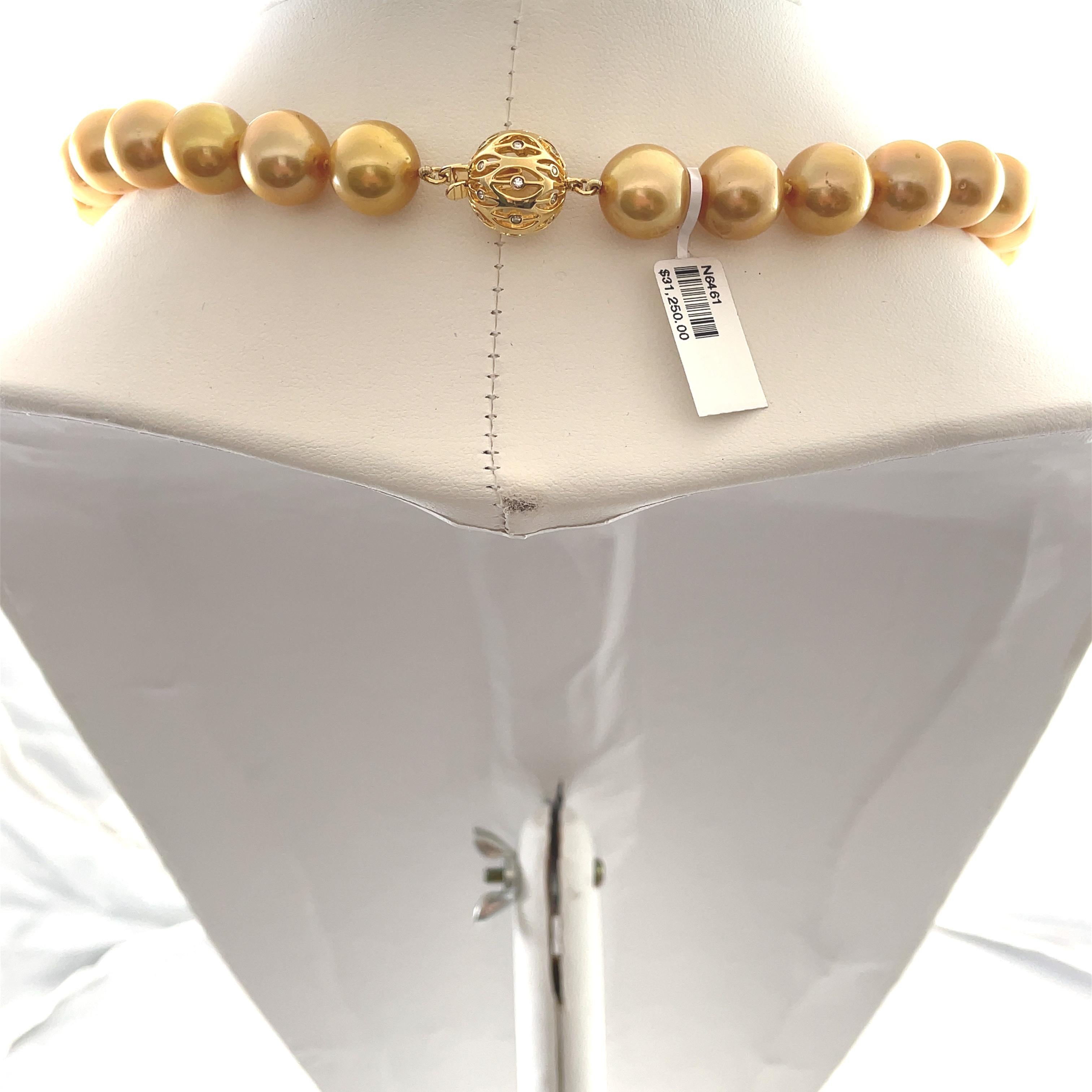 Bead Golden South Sea Pearl Strand Necklace with Yellow Gold & Diamond Clasp