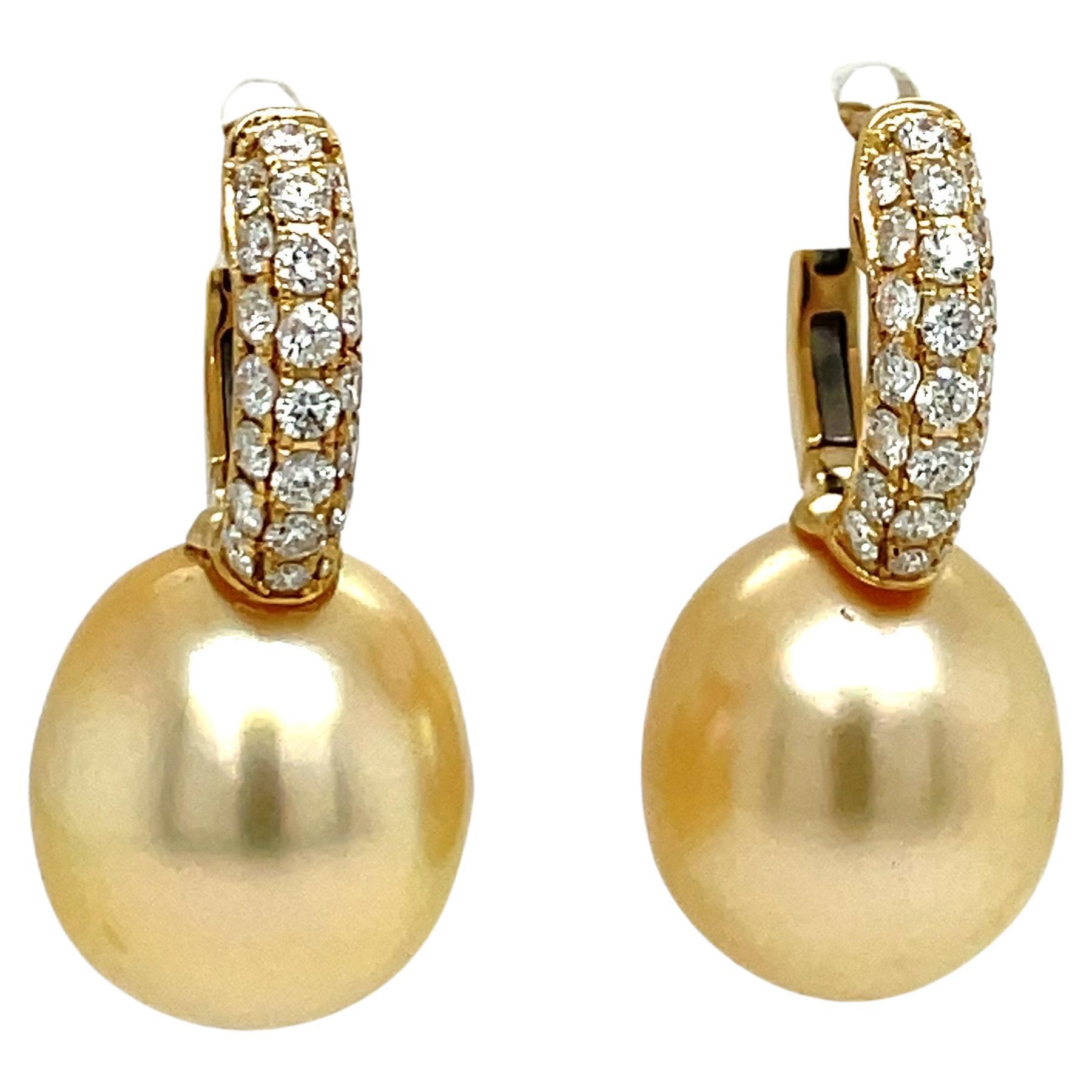 Contemporary Golden South Sea Pearl Three Row Diamond Drop Earrings 0.78 Carats 18 Karat Gold