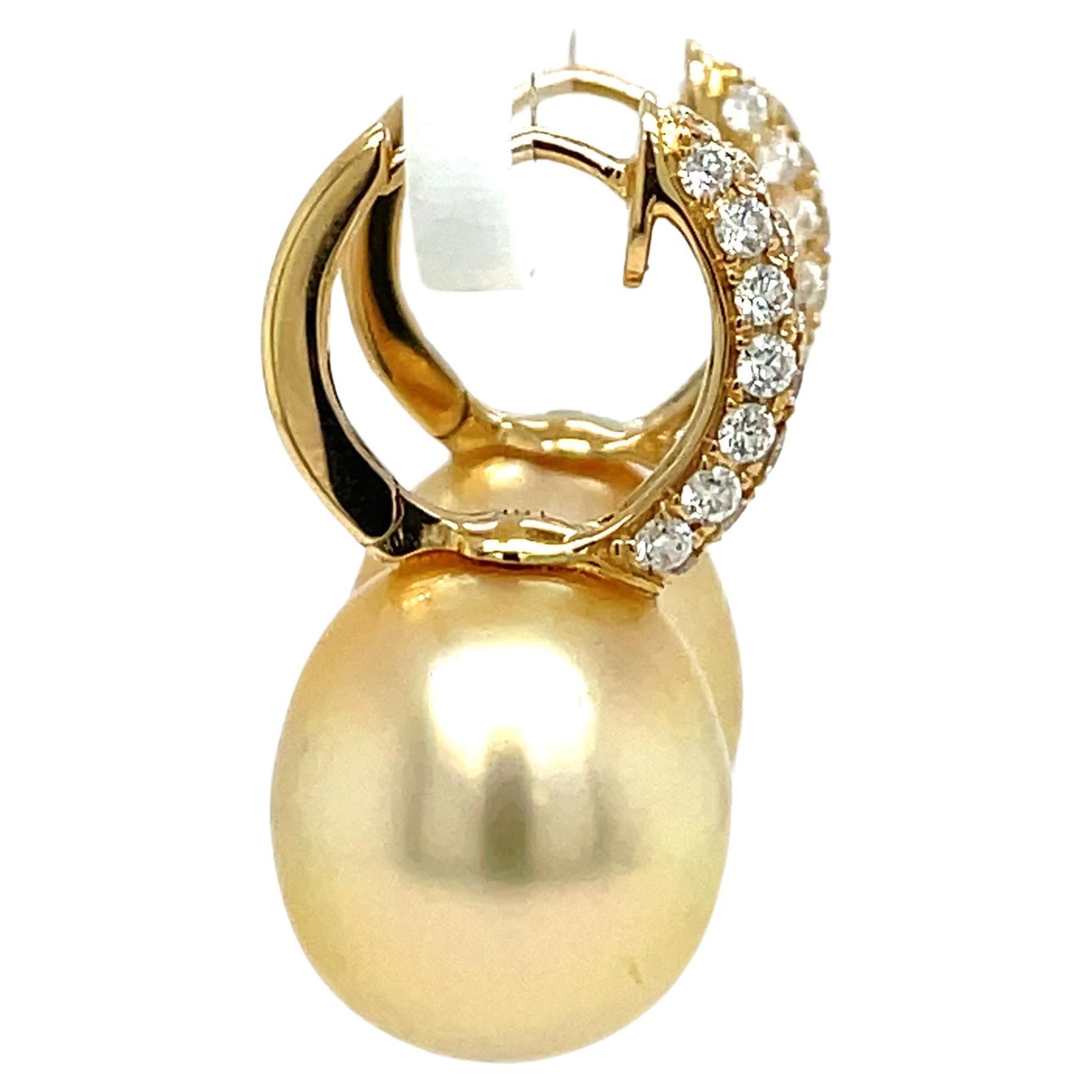 Women's Golden South Sea Pearl Three Row Diamond Drop Earrings 0.78 Carats 18 Karat Gold