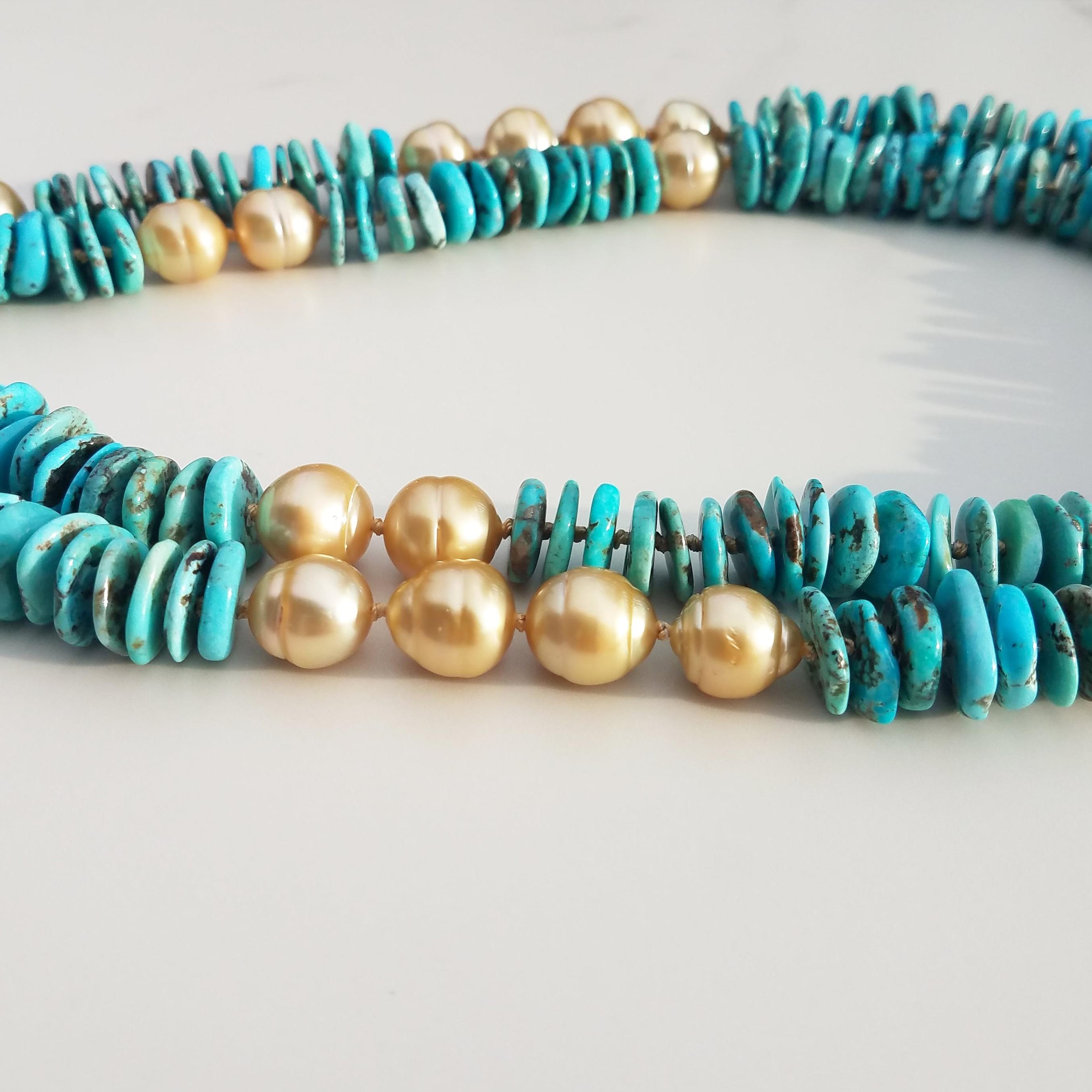 20 Gold South Sea Pearls ranging from 12 mm to 13 mm in size are speckled amongst Natural Sky Blue color Turquoise Discs, all hand knotted by the artist on gold color silk. With an approximate total length of 42.5 inches or 108 cm, this necklace may