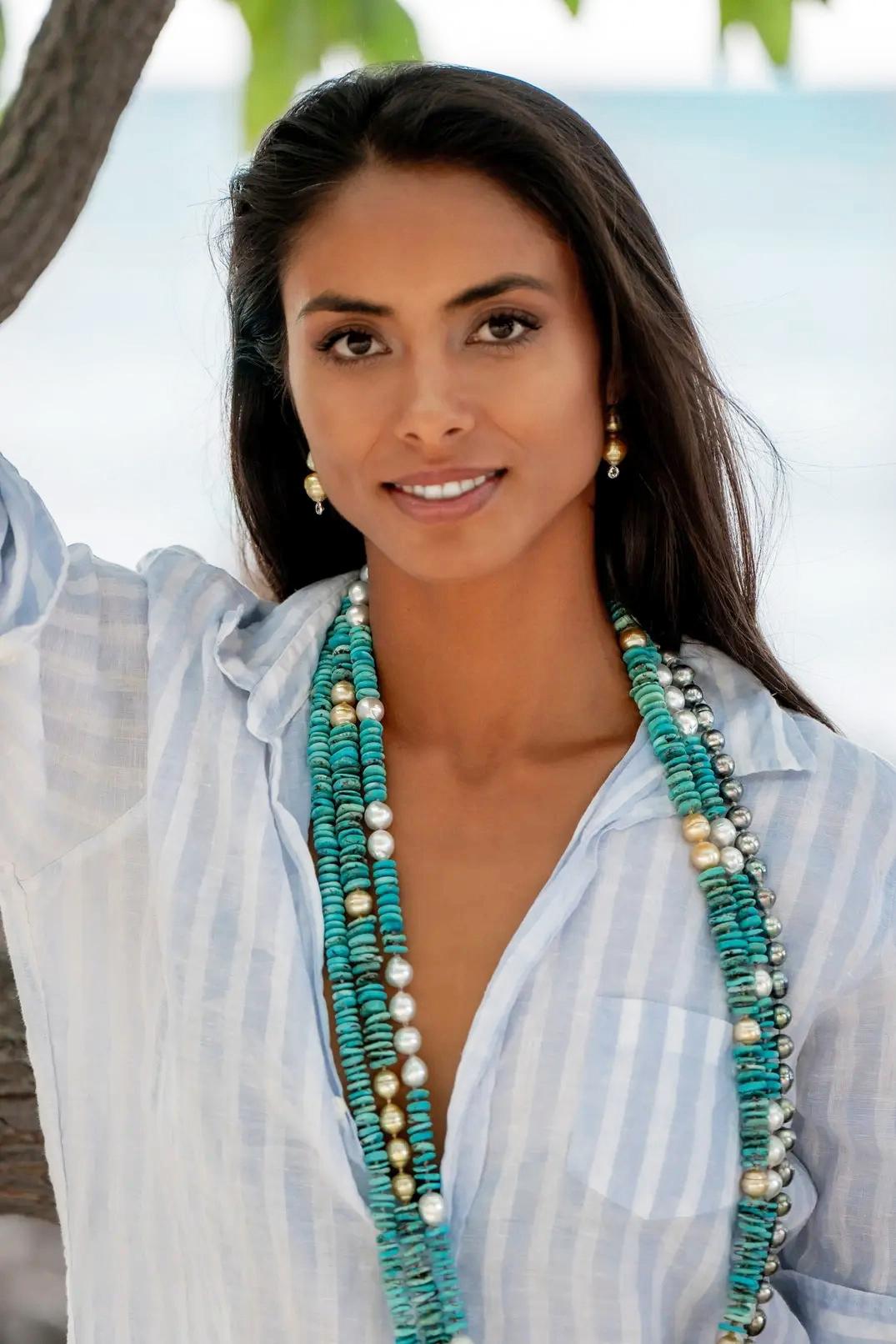 Artisan Golden South Sea Pearl and Turquoise Necklace For Sale