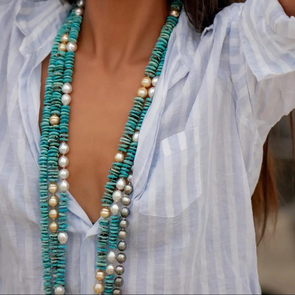 Bead Golden South Sea Pearl and Turquoise Necklace For Sale