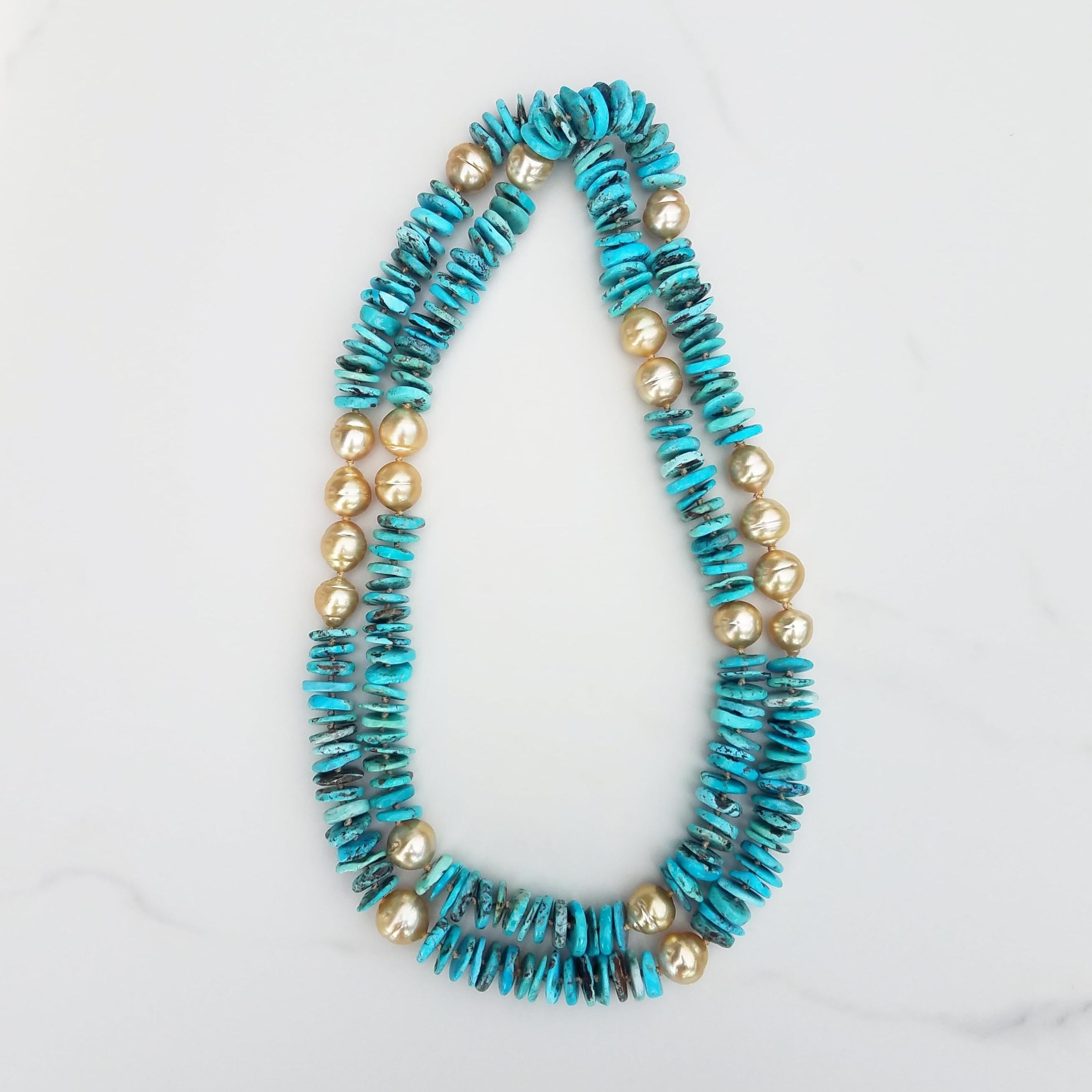 Golden South Sea Pearl and Turquoise Necklace For Sale 1