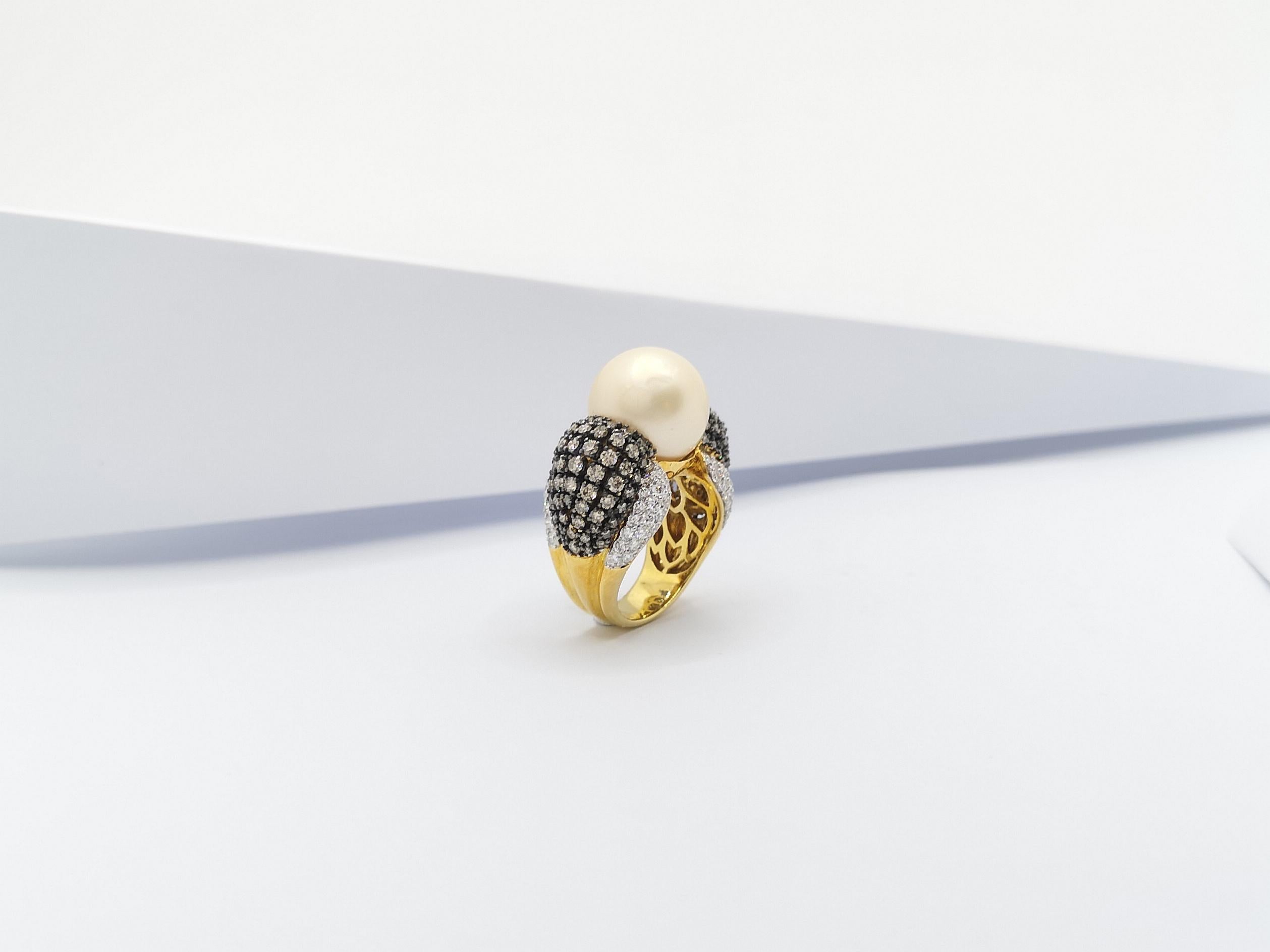 Golden South Sea Pearl with Brown Diamond and Diamond Ring Set in 18 Karat Gold For Sale 5