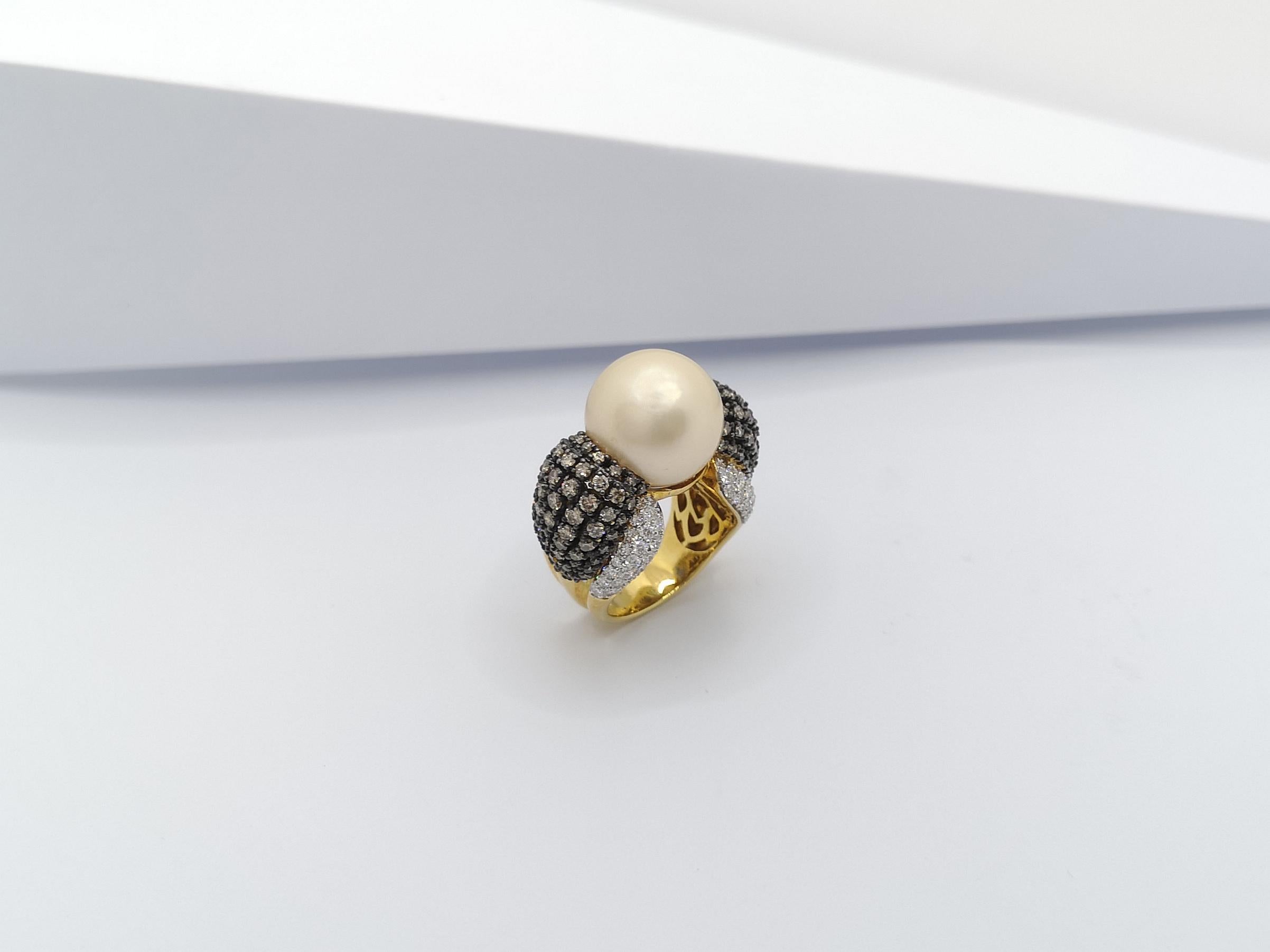 Golden South Sea Pearl with Brown Diamond and Diamond Ring Set in 18 Karat Gold For Sale 6