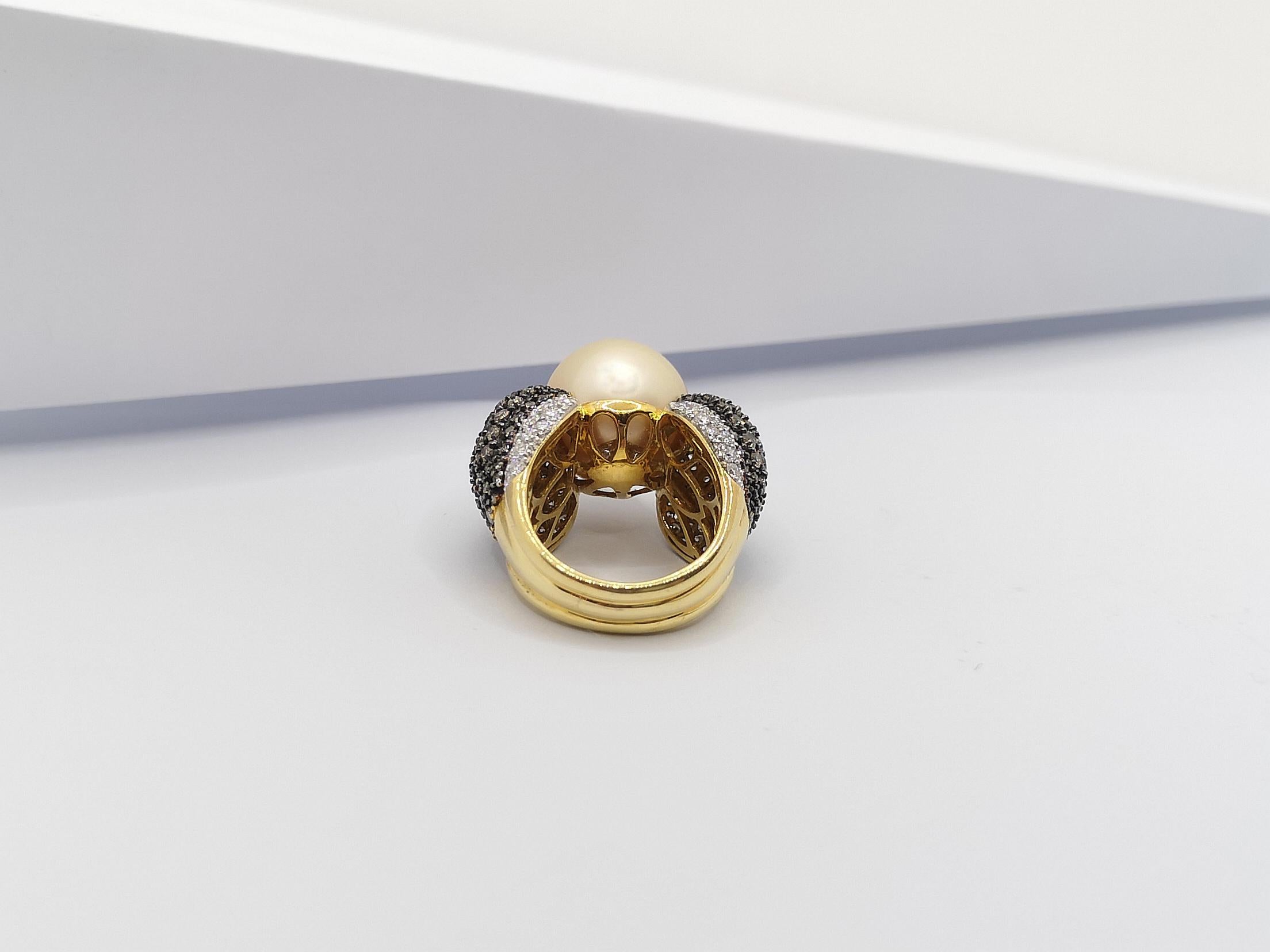 Golden South Sea Pearl with Brown Diamond and Diamond Ring Set in 18 Karat Gold For Sale 11
