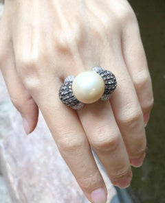 Golden South Sea Pearl with Brown Diamond and Diamond Ring Set in 18 Karat Gold