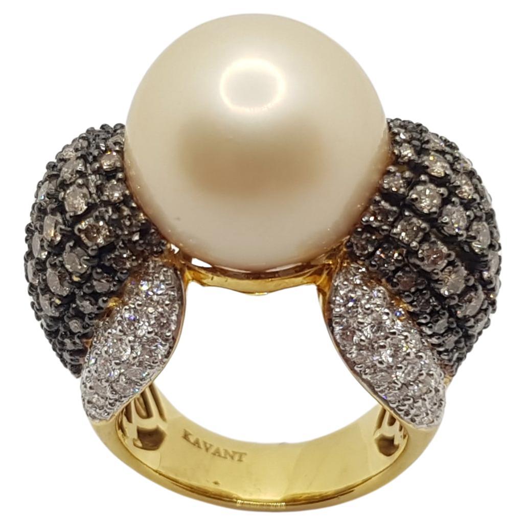 Golden South Sea Pearl with Brown Diamond and Diamond Ring Set in 18 Karat Gold For Sale