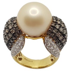 Golden South Sea Pearl with Brown Diamond and Diamond Ring Set in 18 Karat Gold
