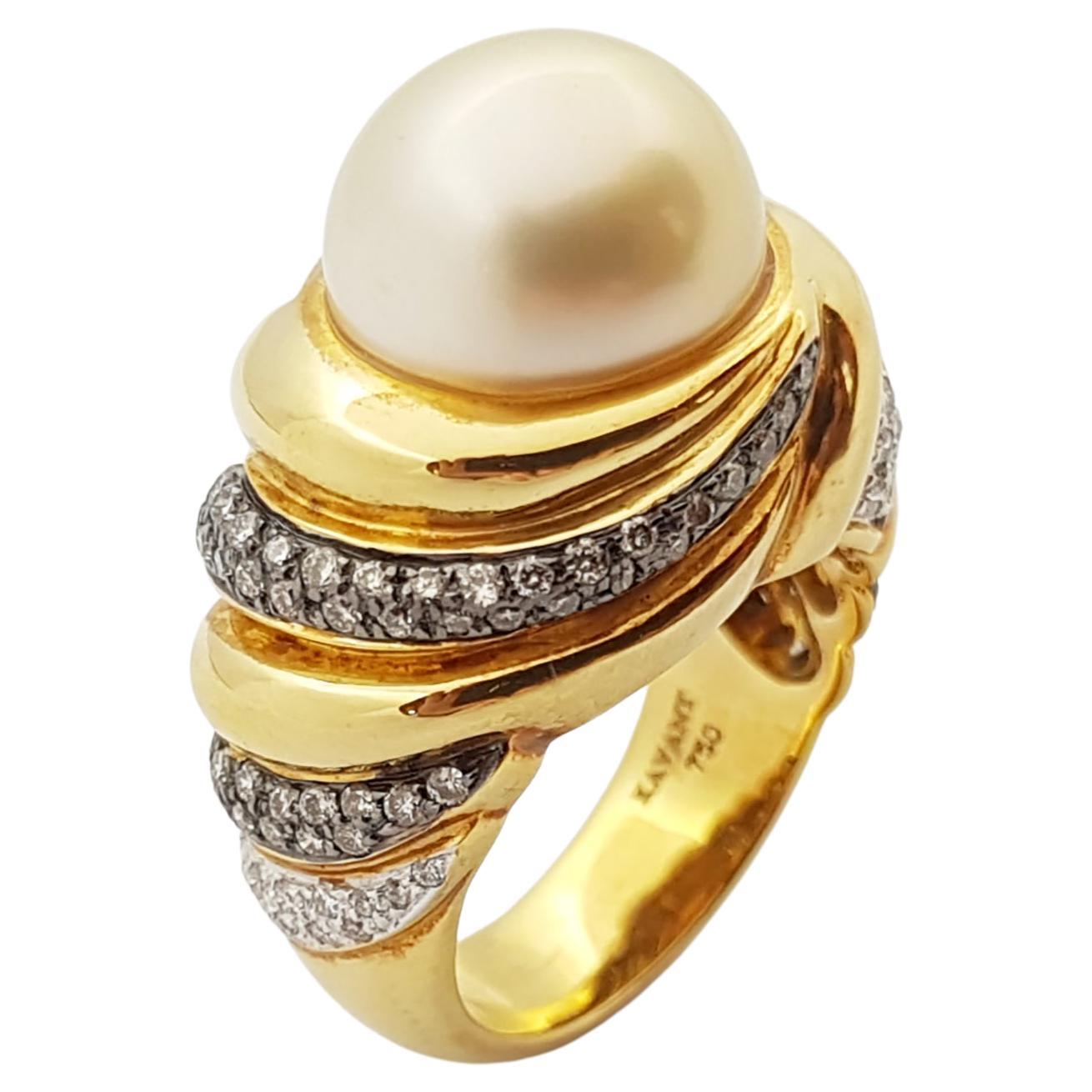 Golden South Sea Pearl with Brown Diamond Ring Set in 18 Karat Gold Settings For Sale