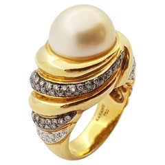 Golden South Sea Pearl with Brown Diamond Ring Set in 18 Karat Gold Settings