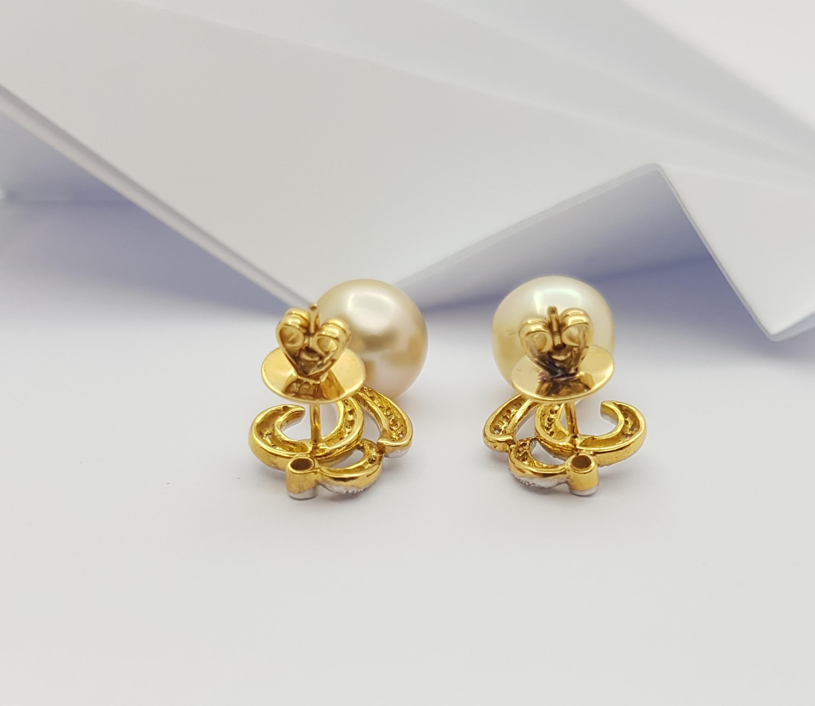 Brilliant Cut Golden South Sea Pearl with Diamond Earrings set in 18 Karat Gold  For Sale