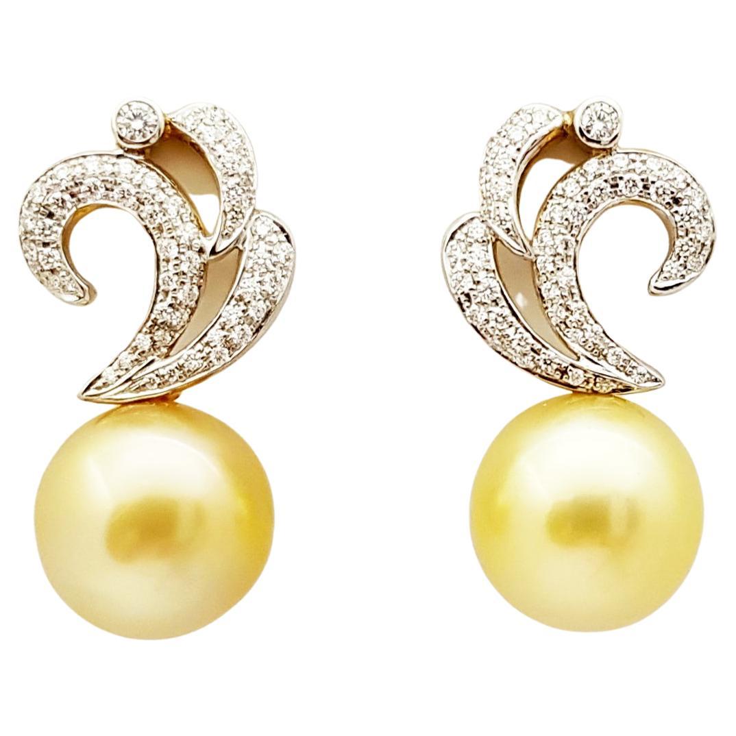 Golden South Sea Pearl with Diamond Earrings set in 18 Karat Gold  For Sale