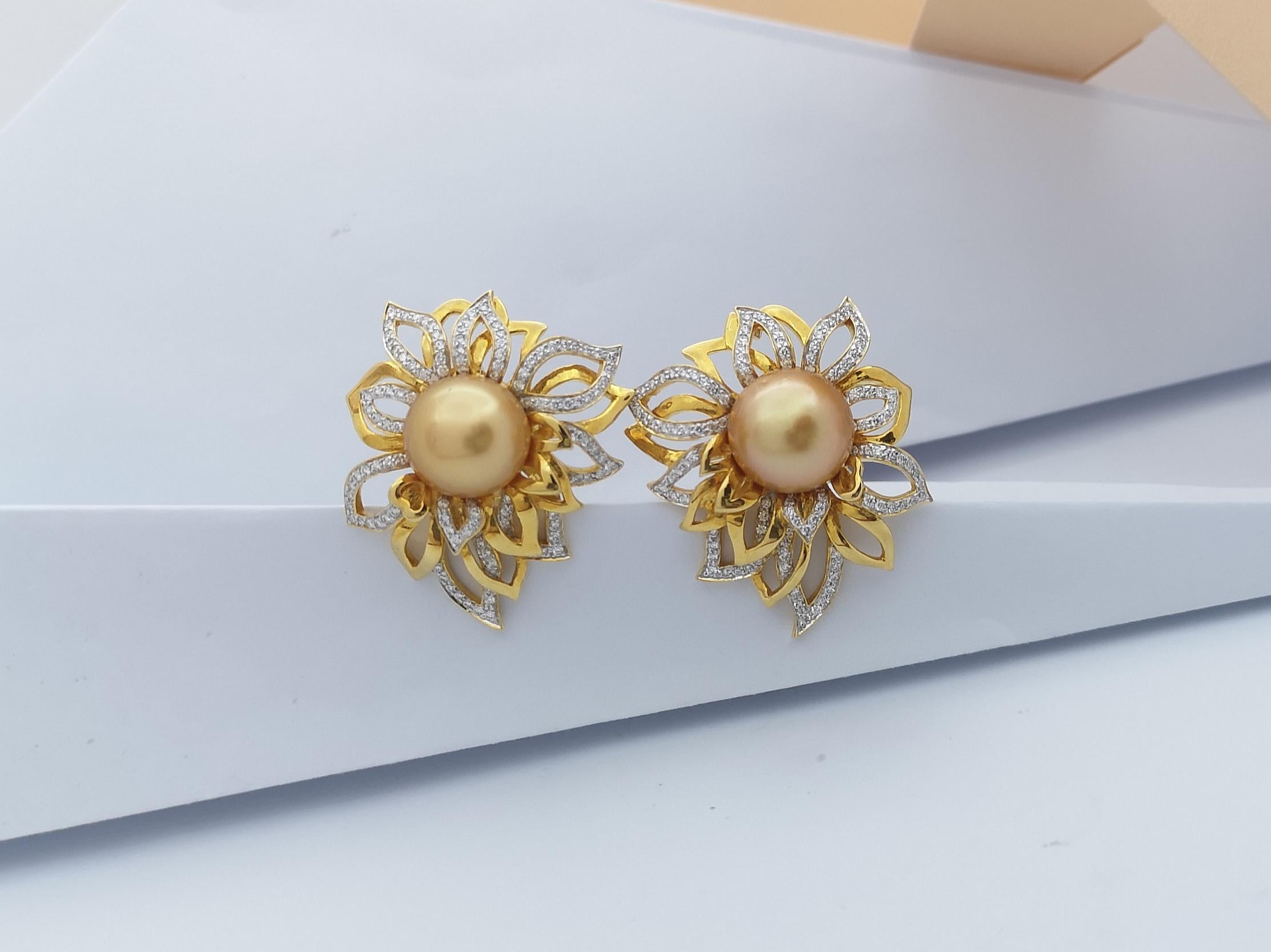 Brilliant Cut Golden South Sea Pearl with Diamond Flower Earrings Set in 18 Karat Gold For Sale