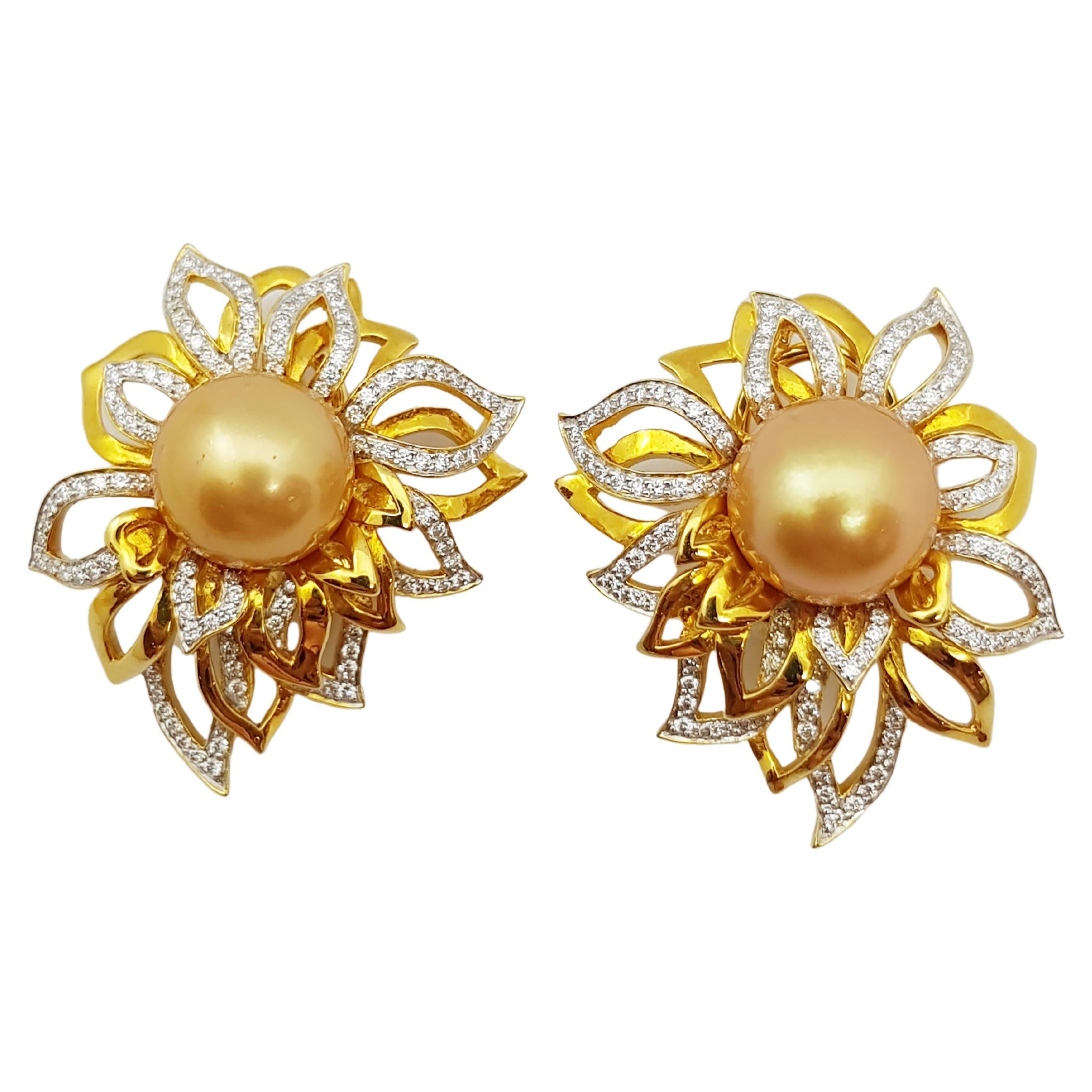 Golden South Sea Pearl with Diamond Flower Earrings Set in 18 Karat Gold For Sale