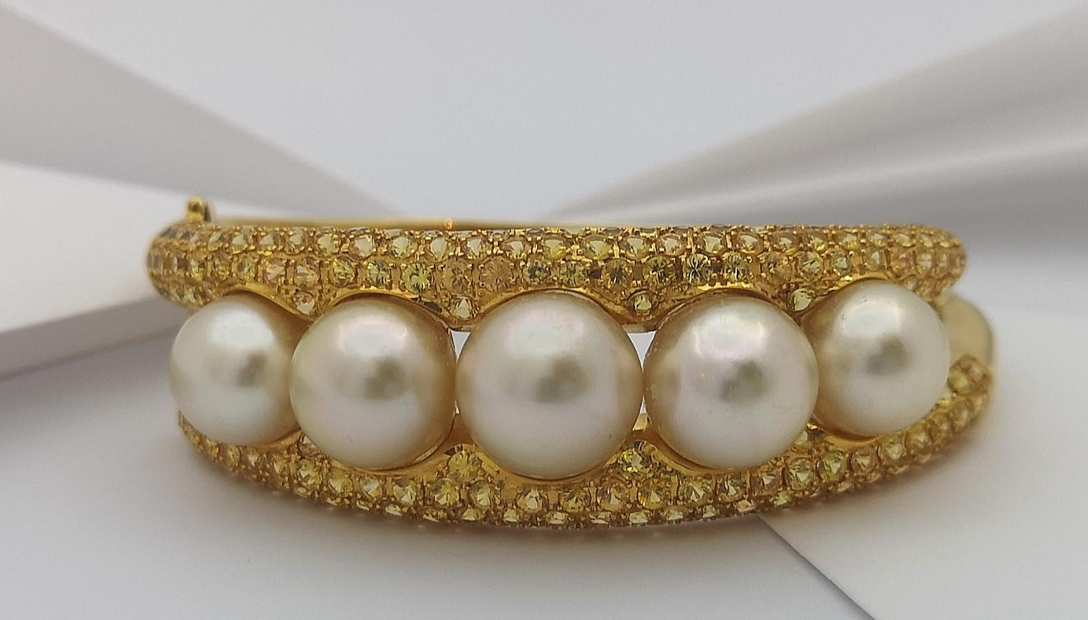 Golden South Sea Pearl with Yellow Sapphire Bangle set in 18 Karat Gold For Sale 5