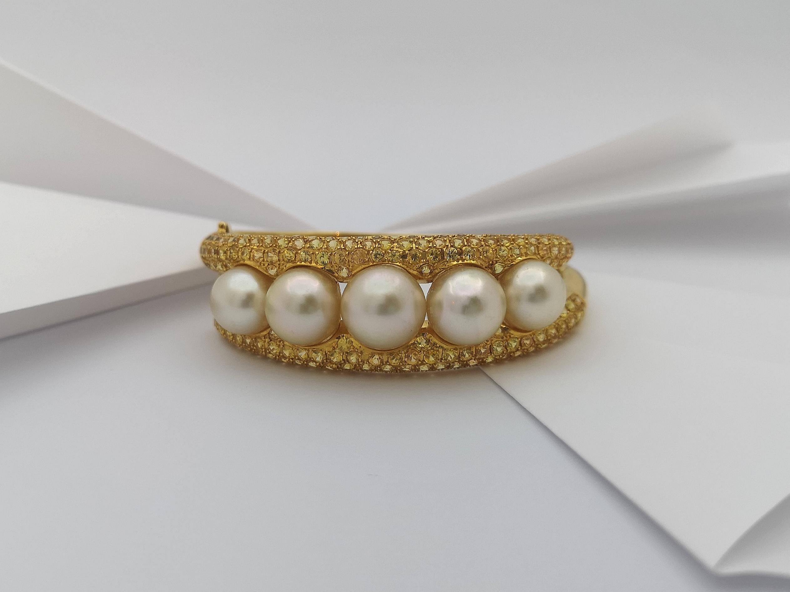 Golden South Sea Pearl with Yellow Sapphire Bangle set in 18 Karat Gold For Sale 6