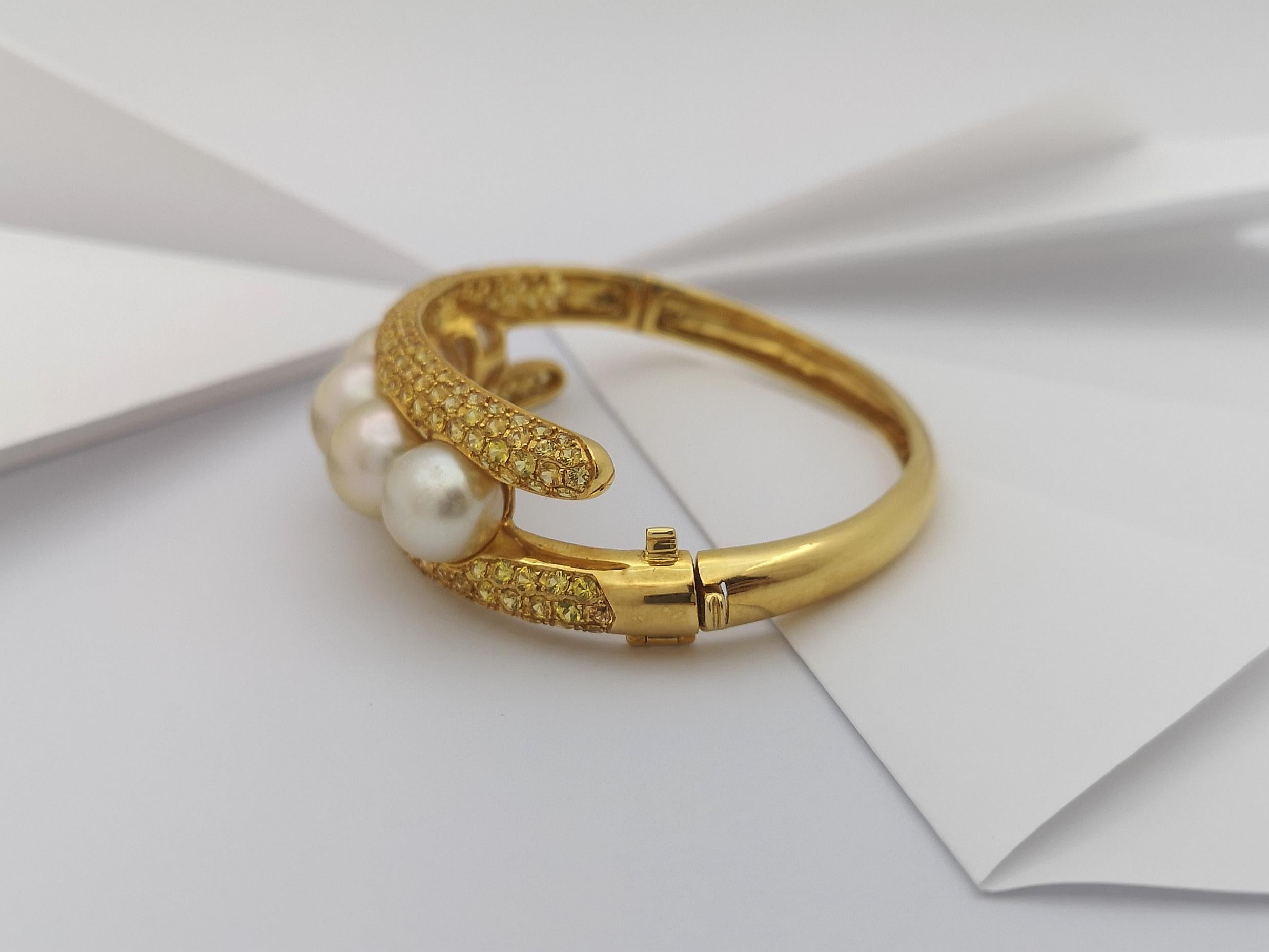 Golden South Sea Pearl with Yellow Sapphire Bangle set in 18 Karat Gold For Sale 8