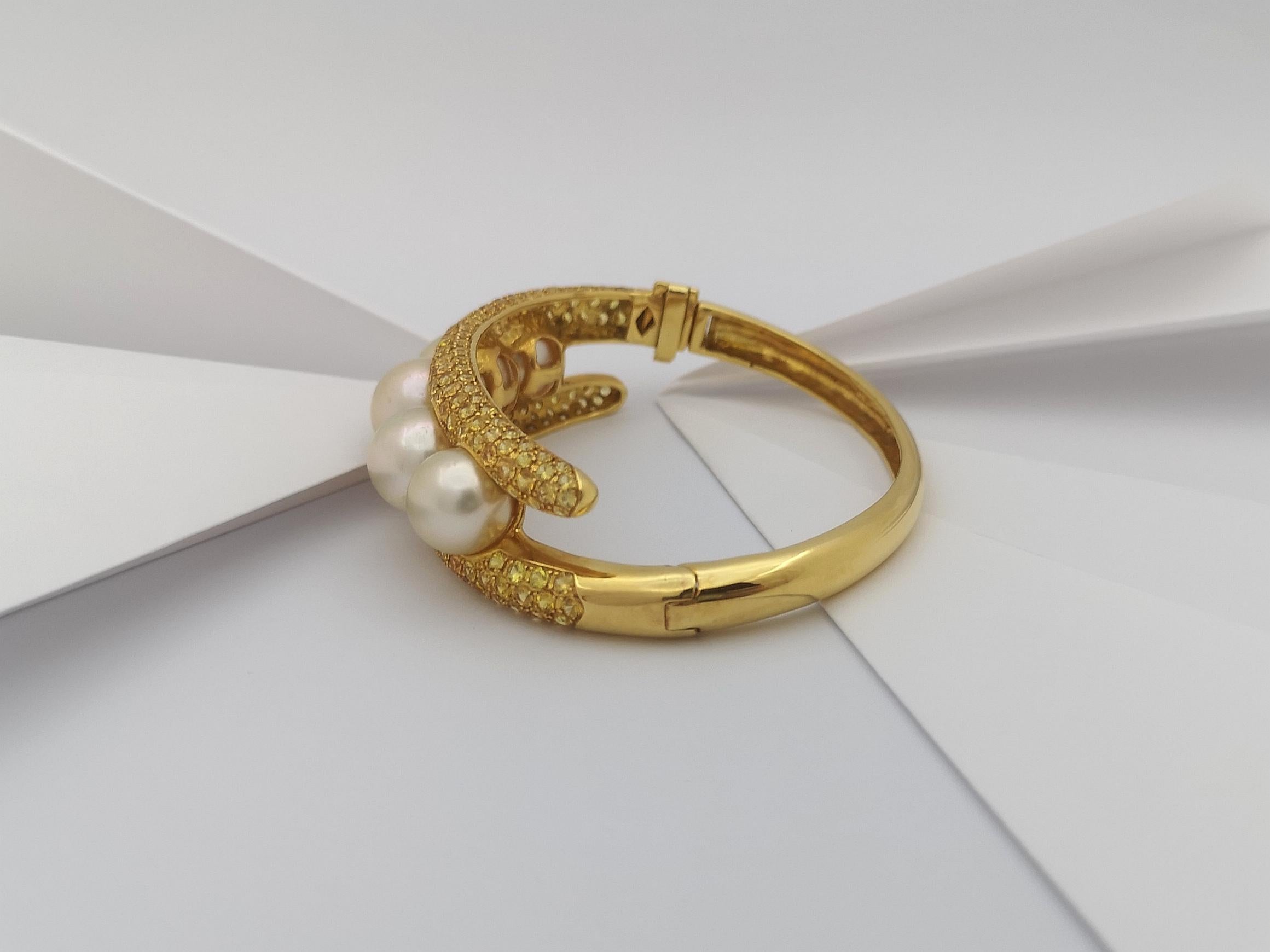 Golden South Sea Pearl with Yellow Sapphire Bangle set in 18 Karat Gold For Sale 10