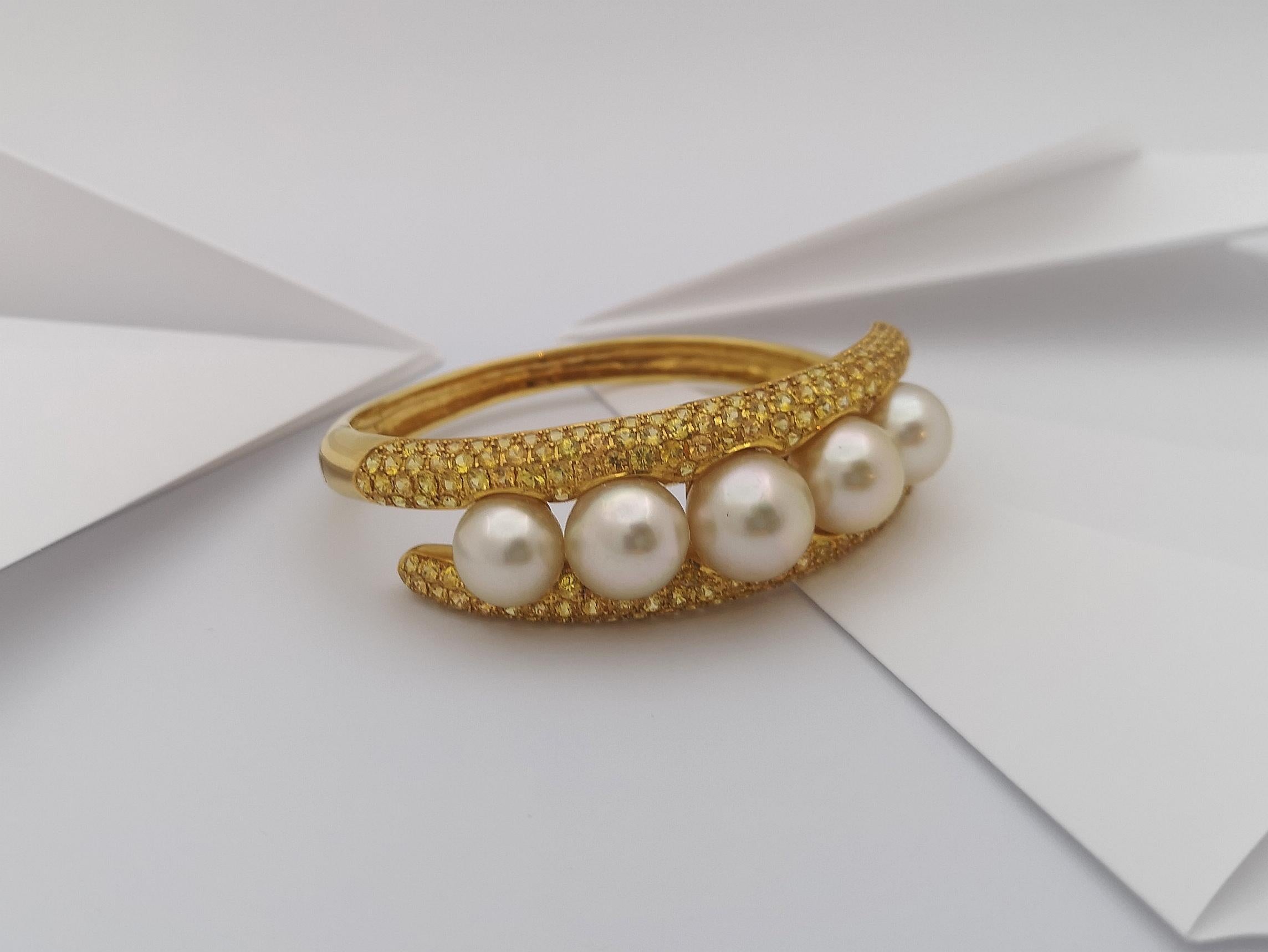 Golden South Sea Pearl with Yellow Sapphire Bangle set in 18 Karat Gold For Sale 11