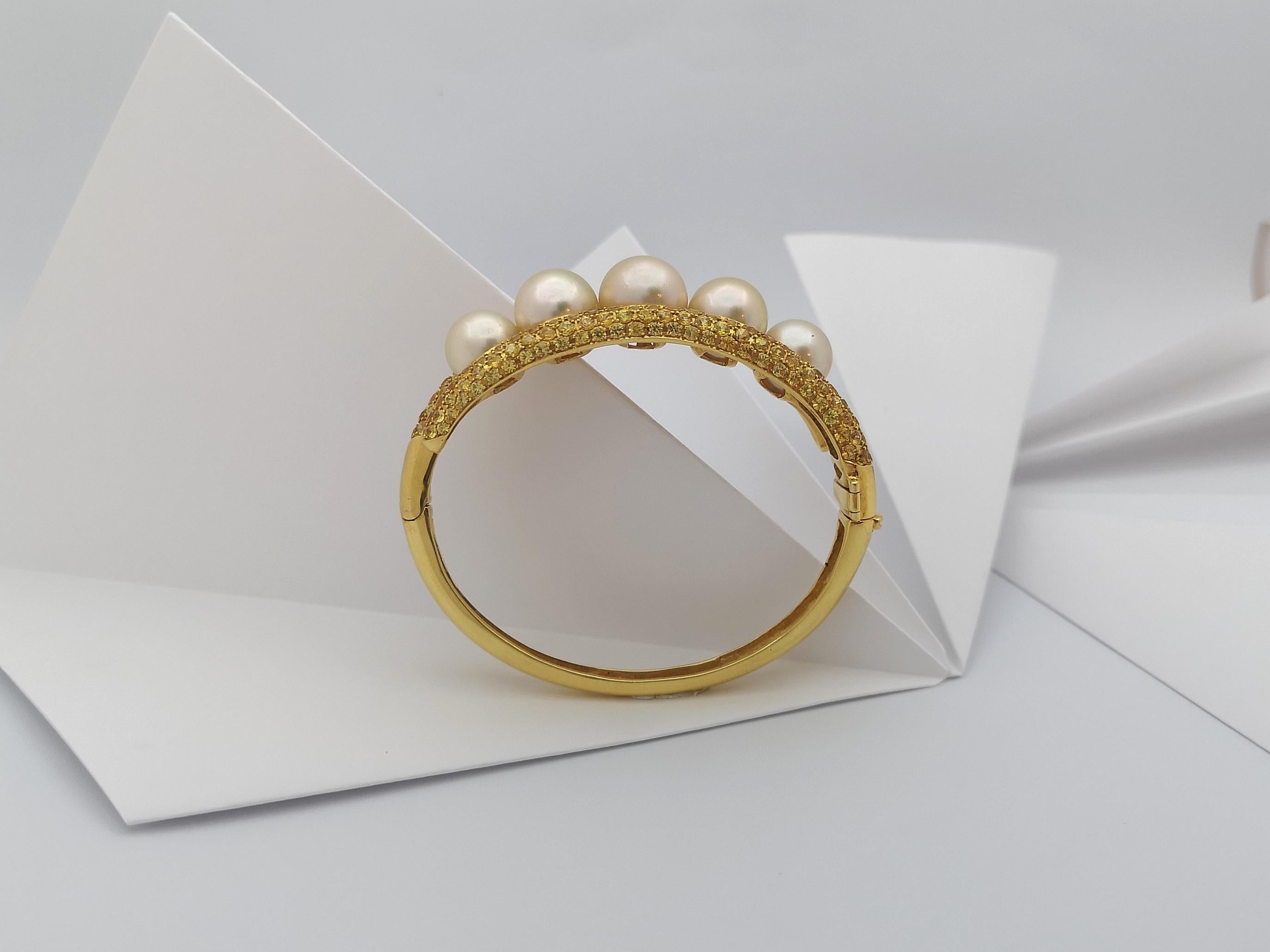 Golden South Sea Pearl with Yellow Sapphire Bangle set in 18 Karat Gold For Sale 12
