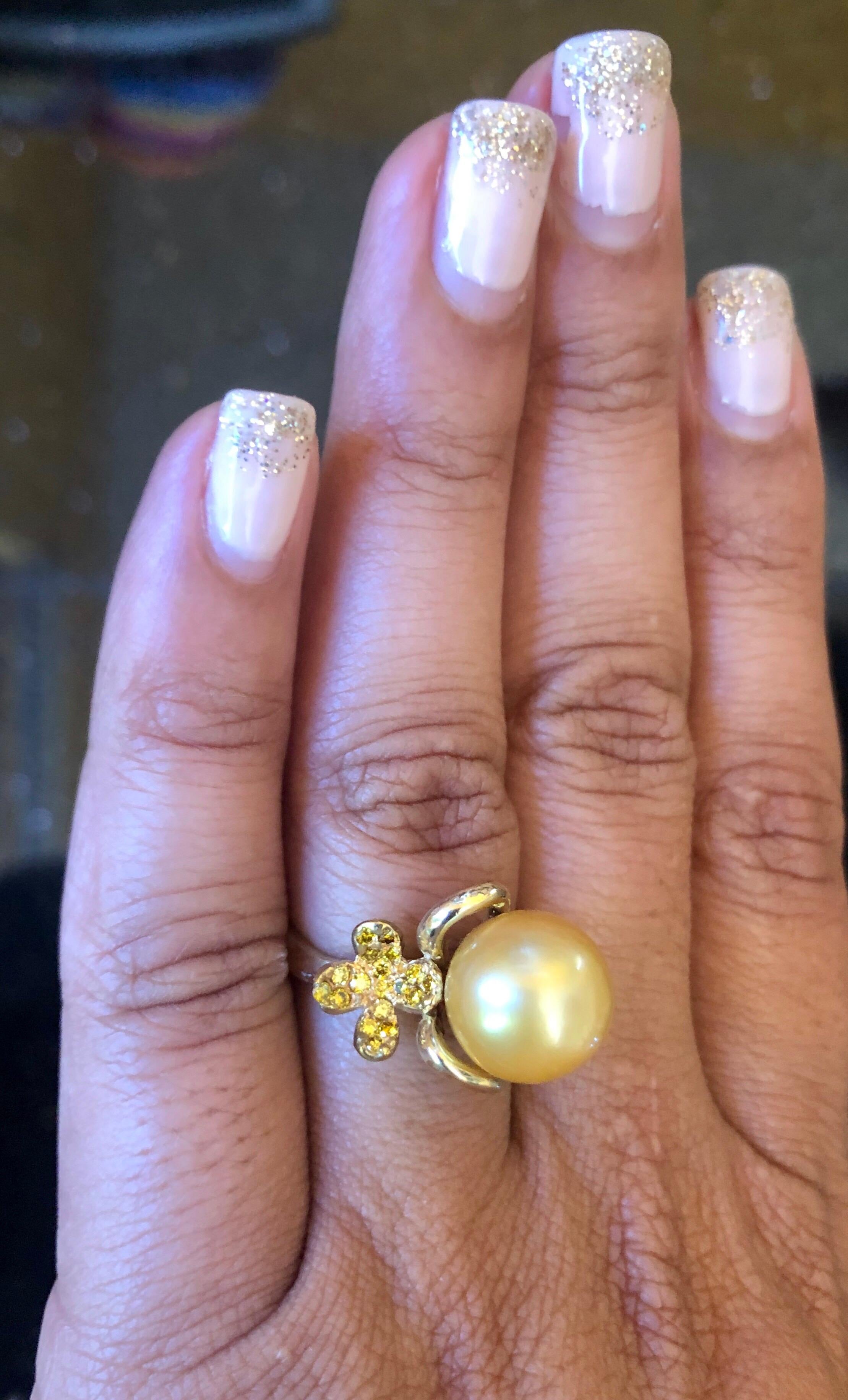 Women's Golden South Sea Pearl Yellow Diamond 18 Karat Yellow Gold Cocktail Ring